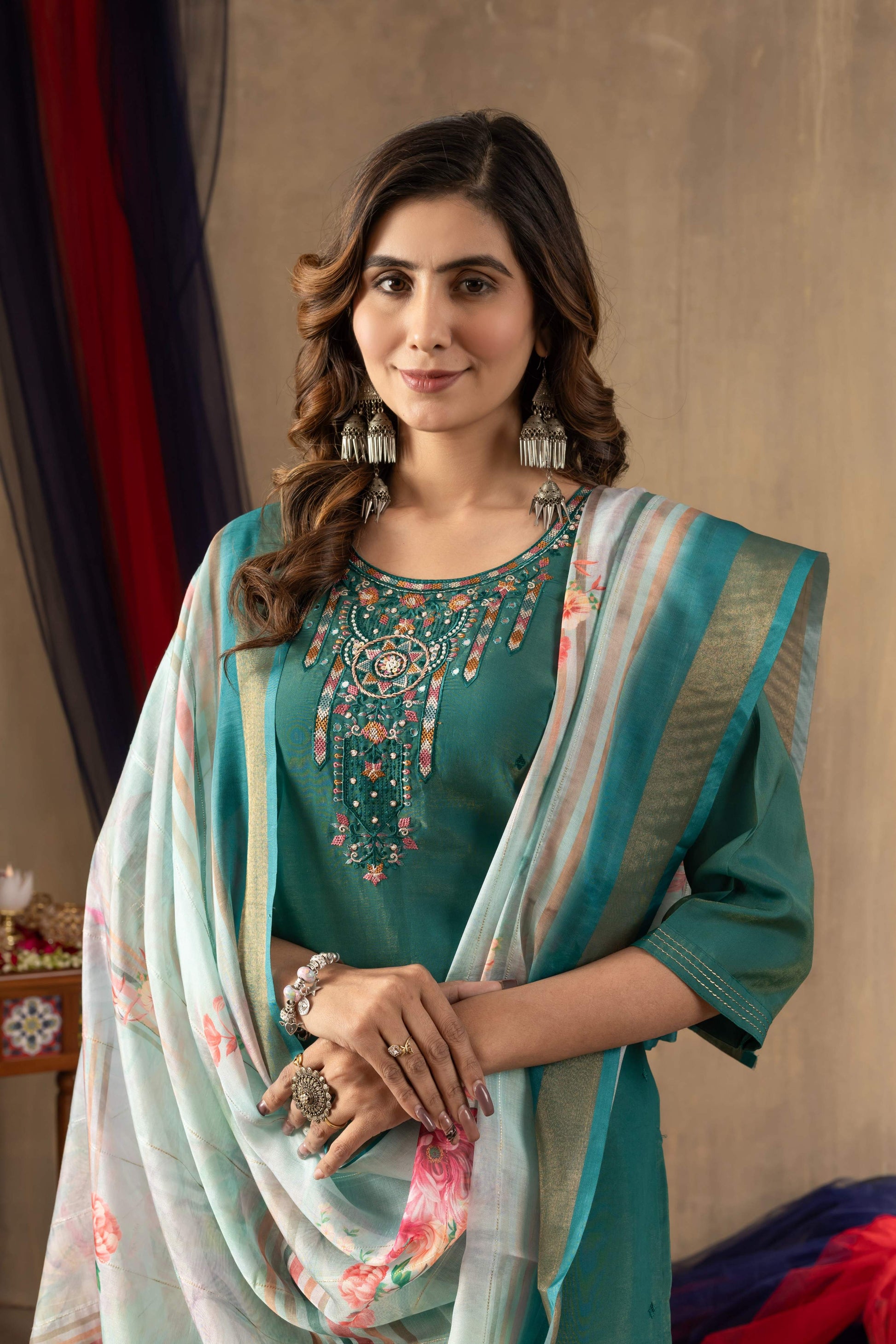 Sonakshi Women's Rama Shimmer Gold Silk Multi Embroidered Sequins With Hand Work Kurta Set With Dupatta