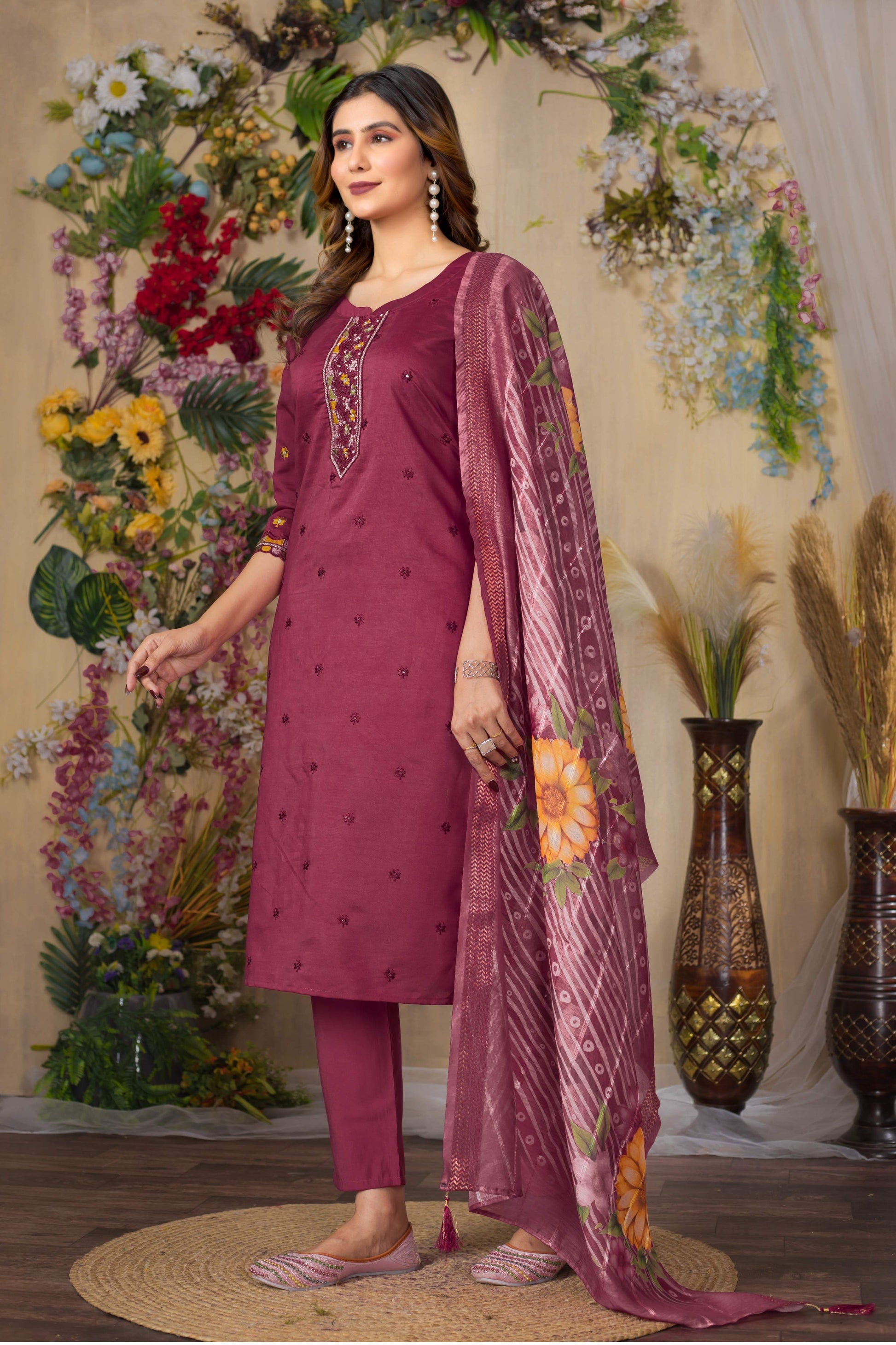 Sonakshi Women's Onion Roman Silk Multi Embroidered Sequins With Hand Work Kurta Set With Dupatta