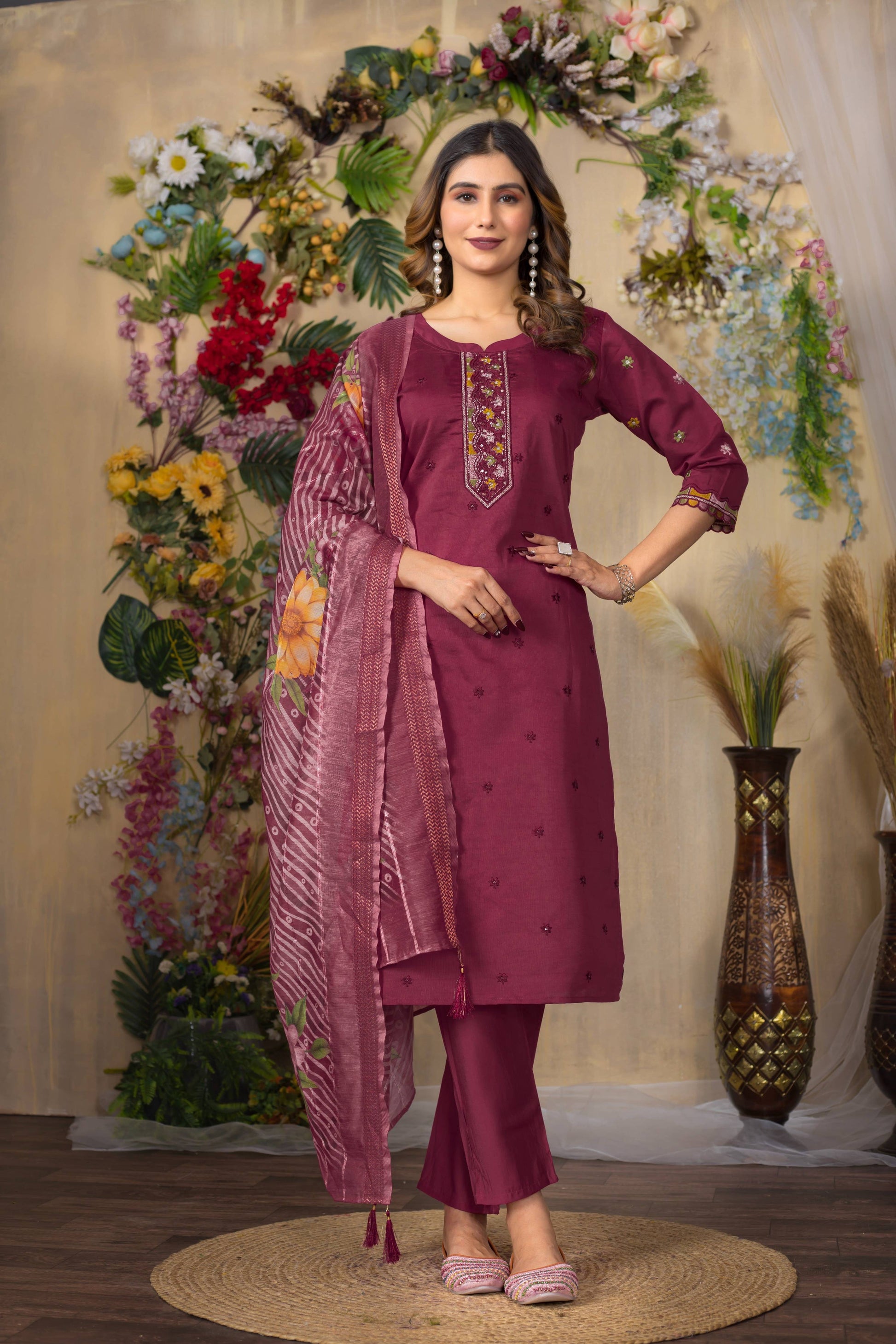 Sonakshi Women's Onion Roman Silk Multi Embroidered Sequins With Hand Work Kurta Set With Dupatta