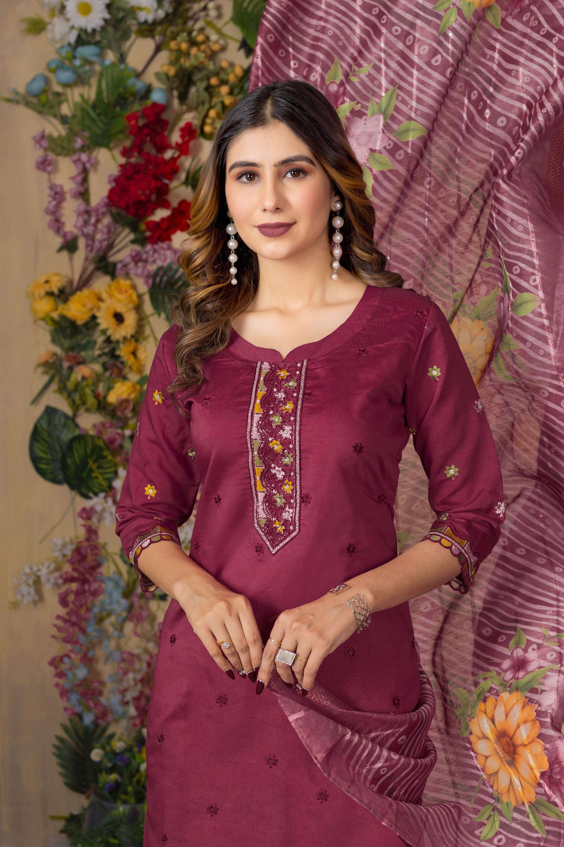 Sonakshi Women's Onion Roman Silk Multi Embroidered Sequins With Hand Work Kurta Set With Dupatta