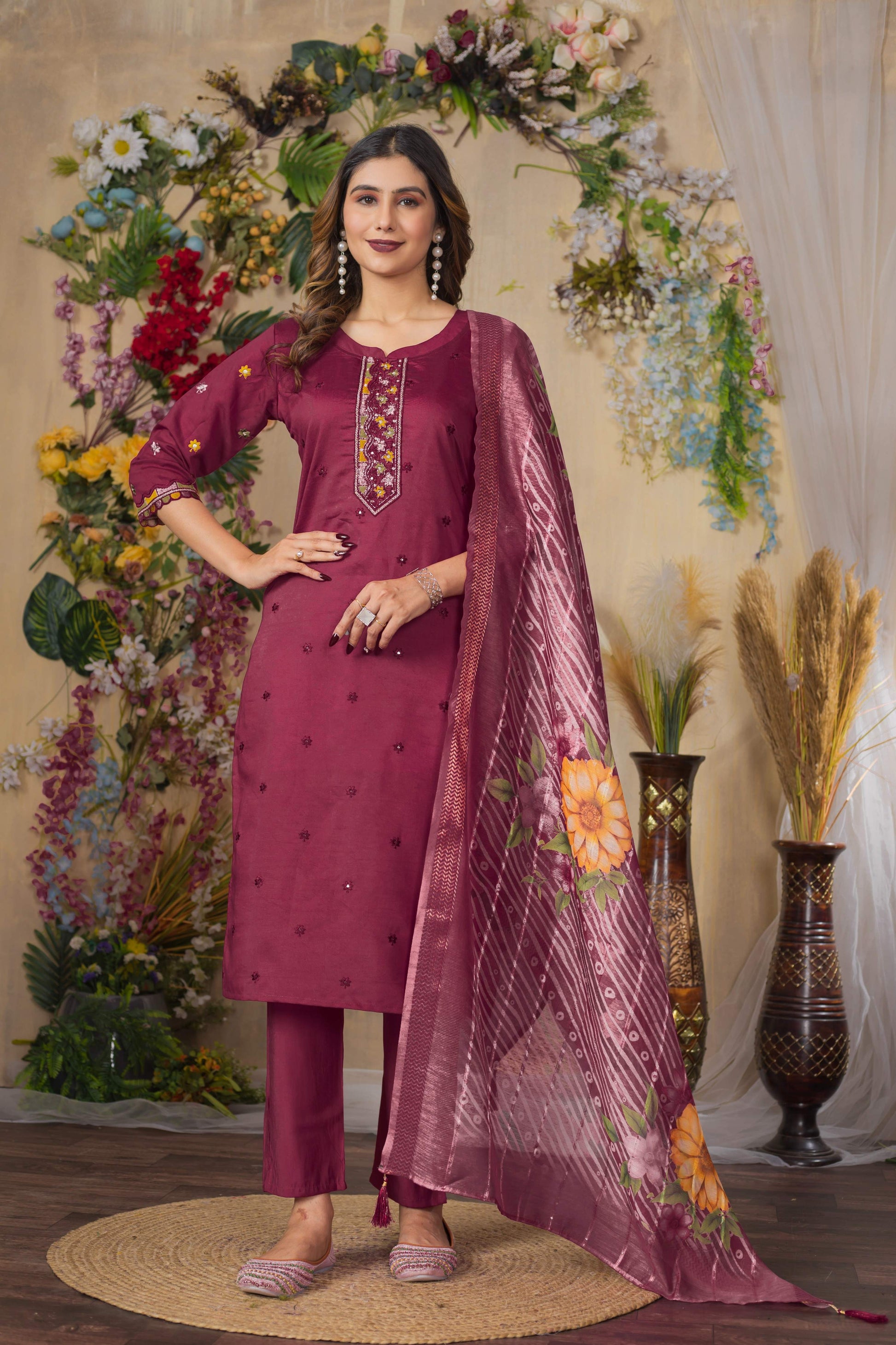 Sonakshi Women's Onion Roman Silk Multi Embroidered Sequins With Hand Work Kurta Set With Dupatta