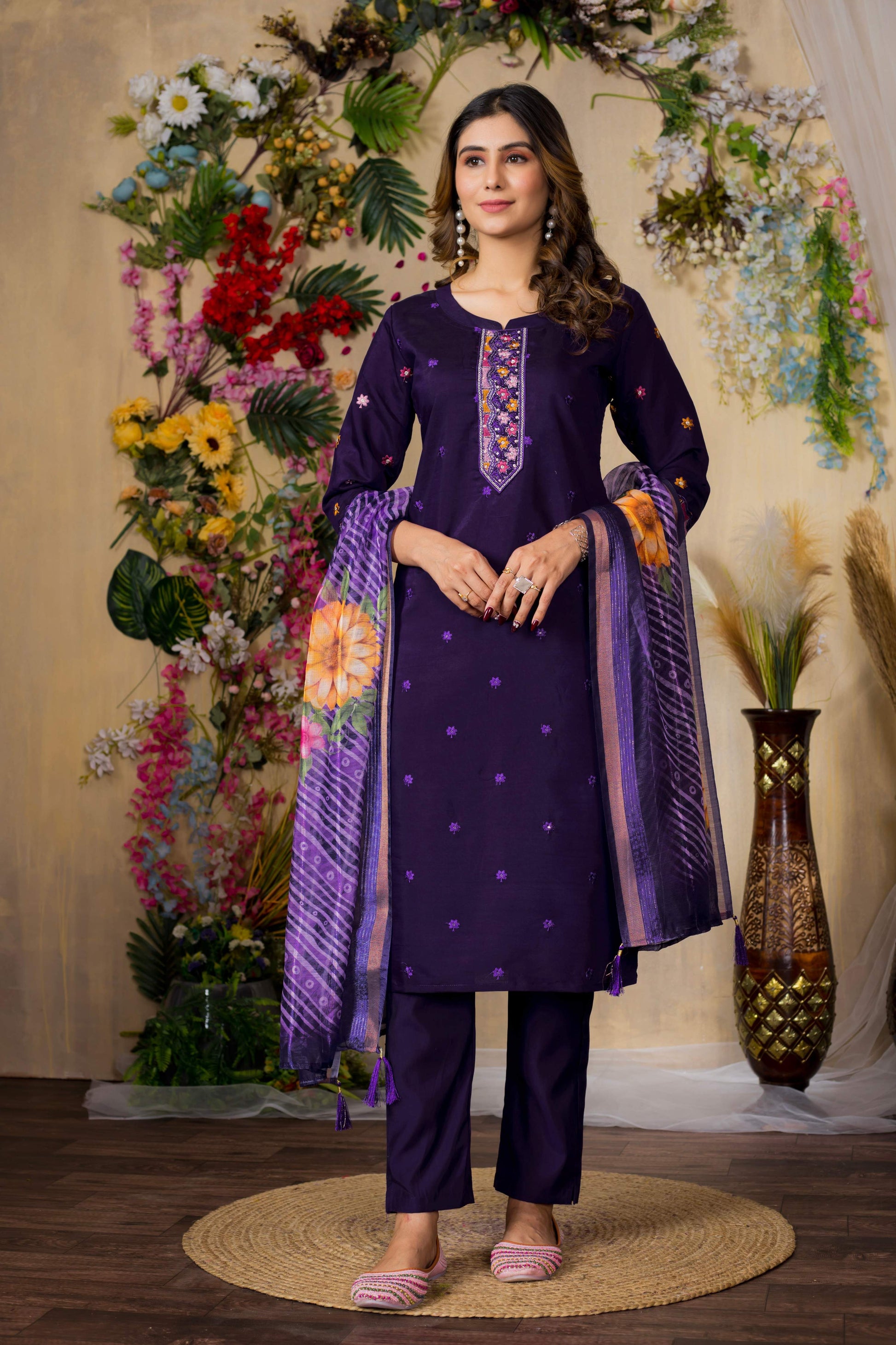 Sonakshi Women's Purple Roman Silk Multi Embroidered Sequins With Hand Work Kurta Set With Dupatta