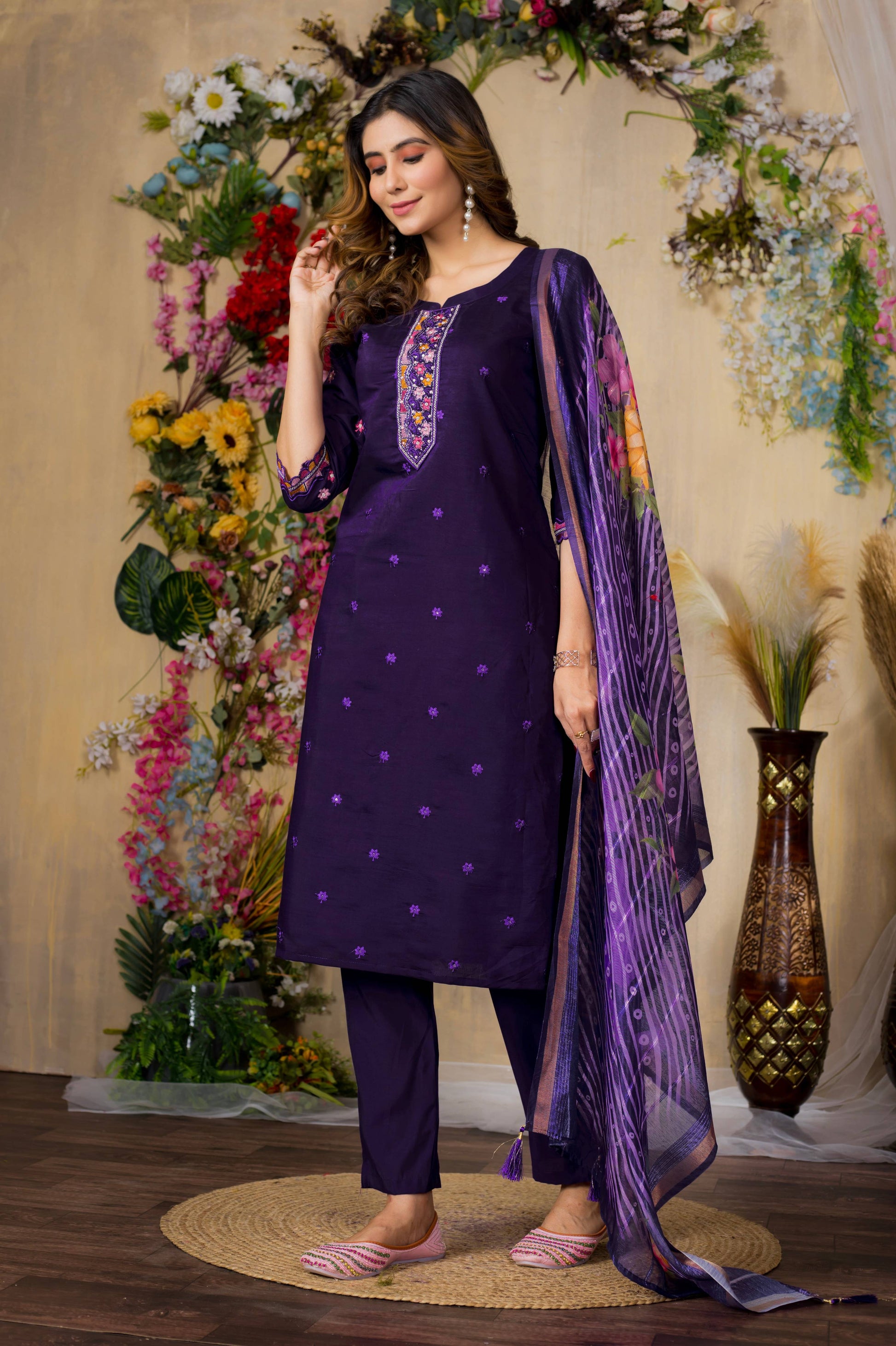 Sonakshi Women's Purple Roman Silk Multi Embroidered Sequins With Hand Work Kurta Set With Dupatta