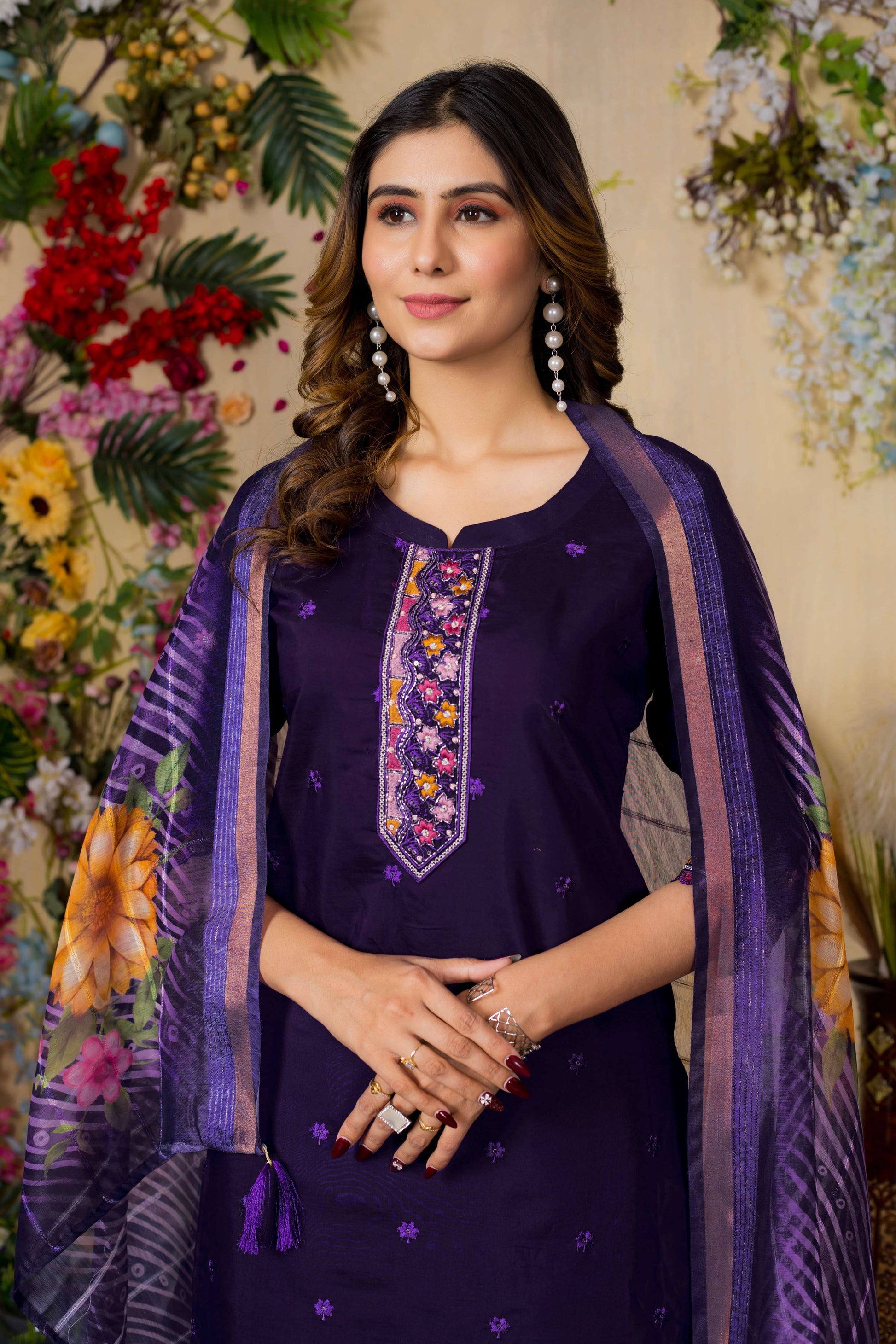 Sonakshi Women's Purple Roman Silk Multi Embroidered Sequins With Hand Work Kurta Set With Dupatta