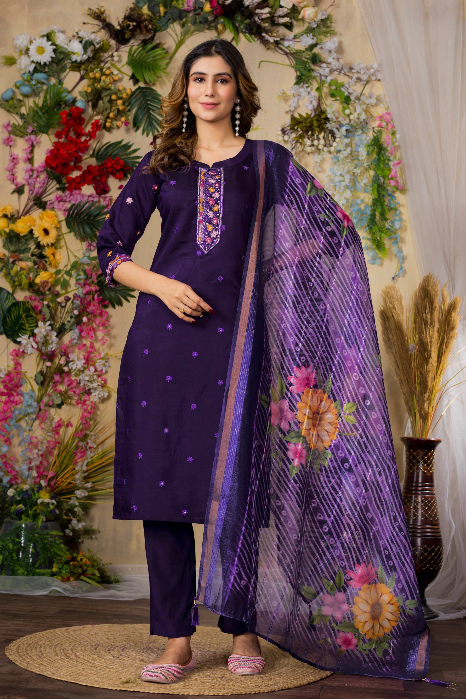 Sonakshi Women's Purple Roman Silk Multi Embroidered Sequins With Hand Work Kurta Set With Dupatta