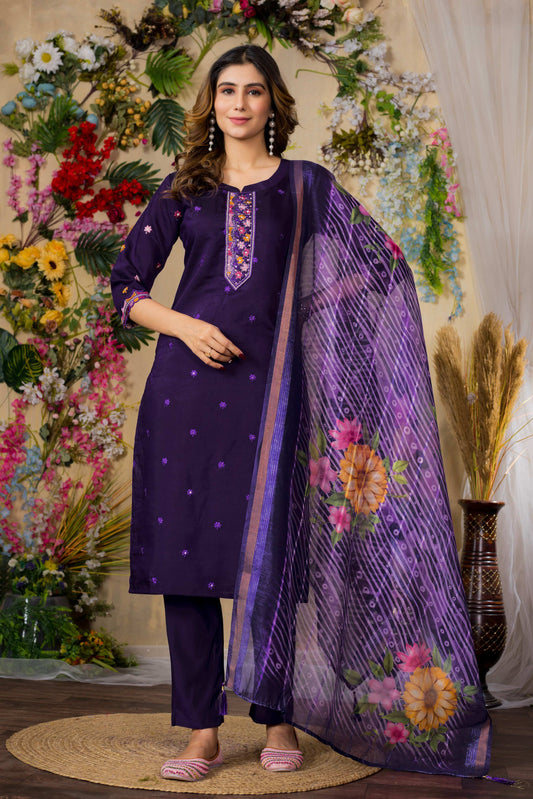 Sonakshi Women's Purple Roman Silk Multi Embroidered Sequins With Hand Work Kurta Set With Dupatta