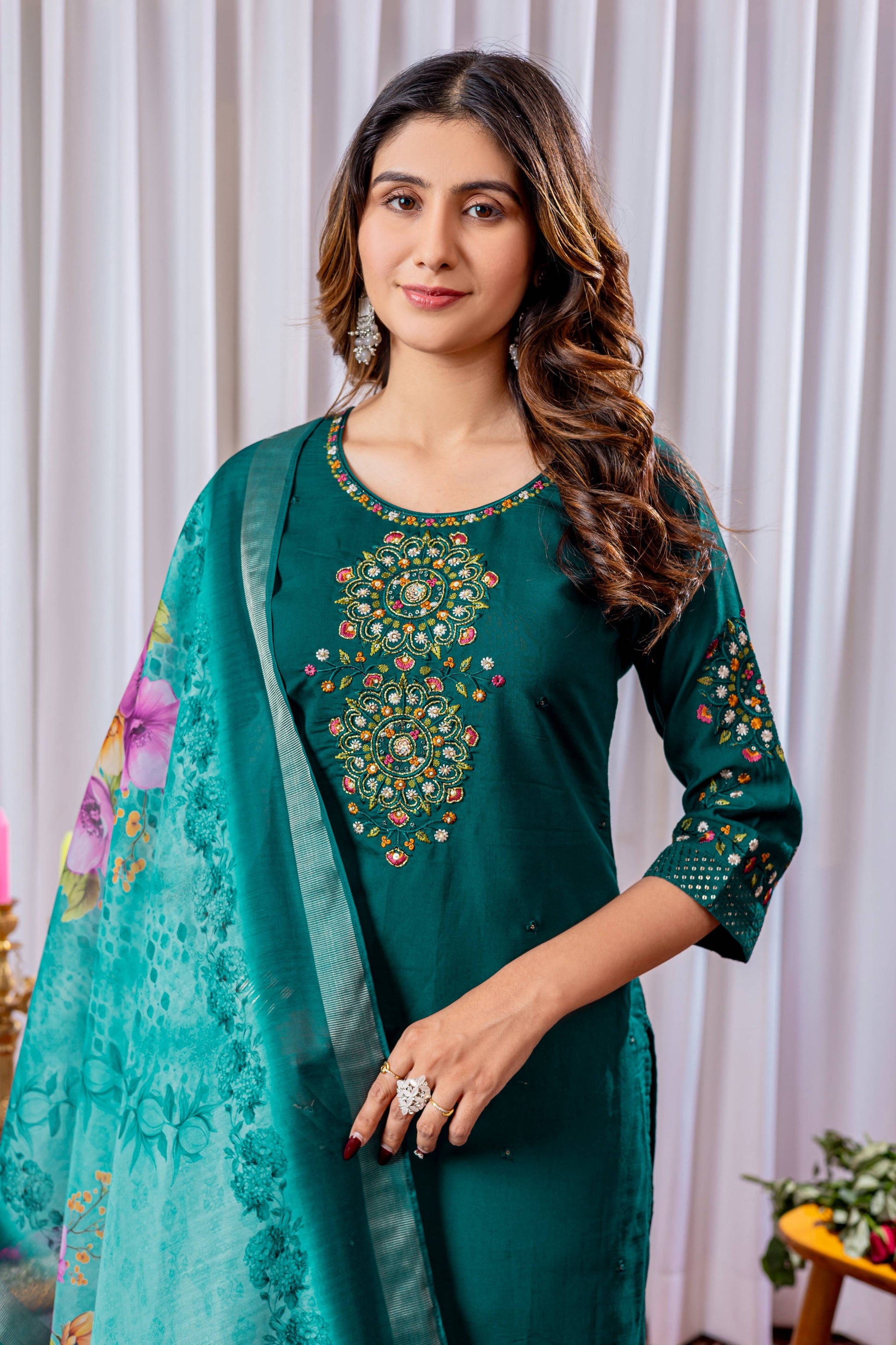 Sonakshi Women's Teal Viscose Silk Multi Embroidered Sequins With Hand Work Kurta Set With Dupatta