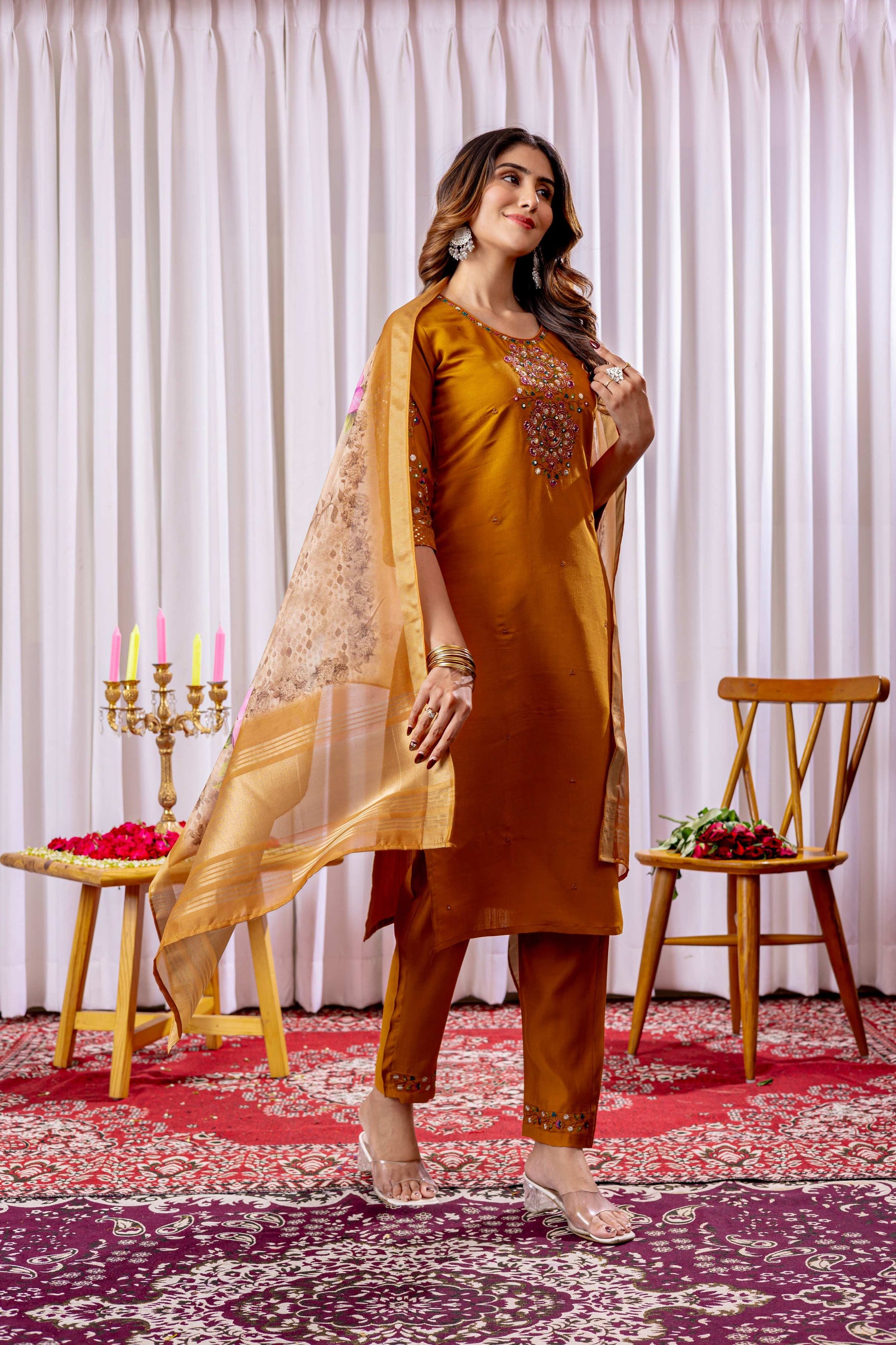 Sonakshi Women's Mustard Viscose Silk Multi Embroidered Sequins With Hand Work Kurta Set With Dupatta