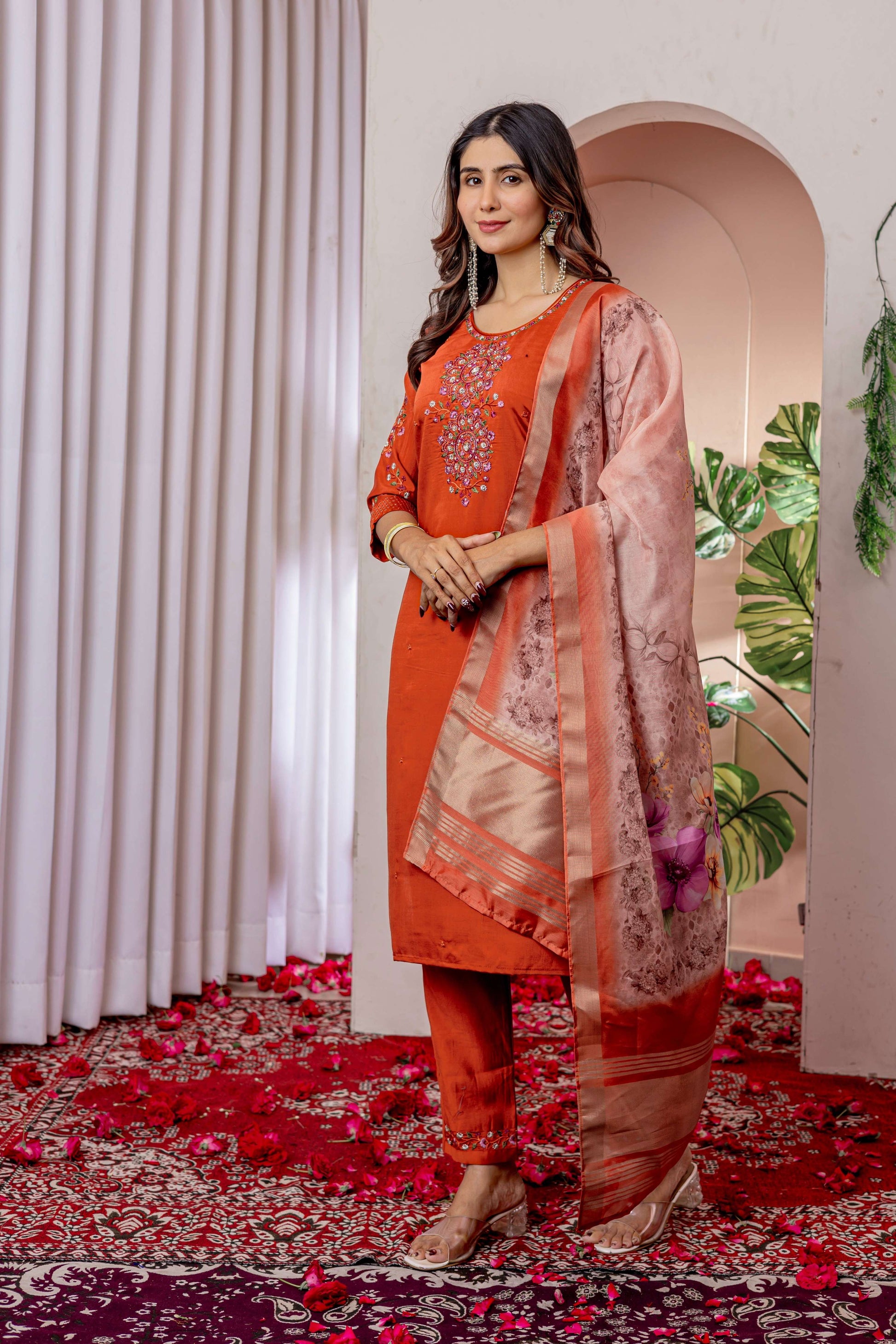 Sonakshi Women's Orange Viscose Silk Multi Embroidered Sequins With Hand Work Kurta Set With Dupatta