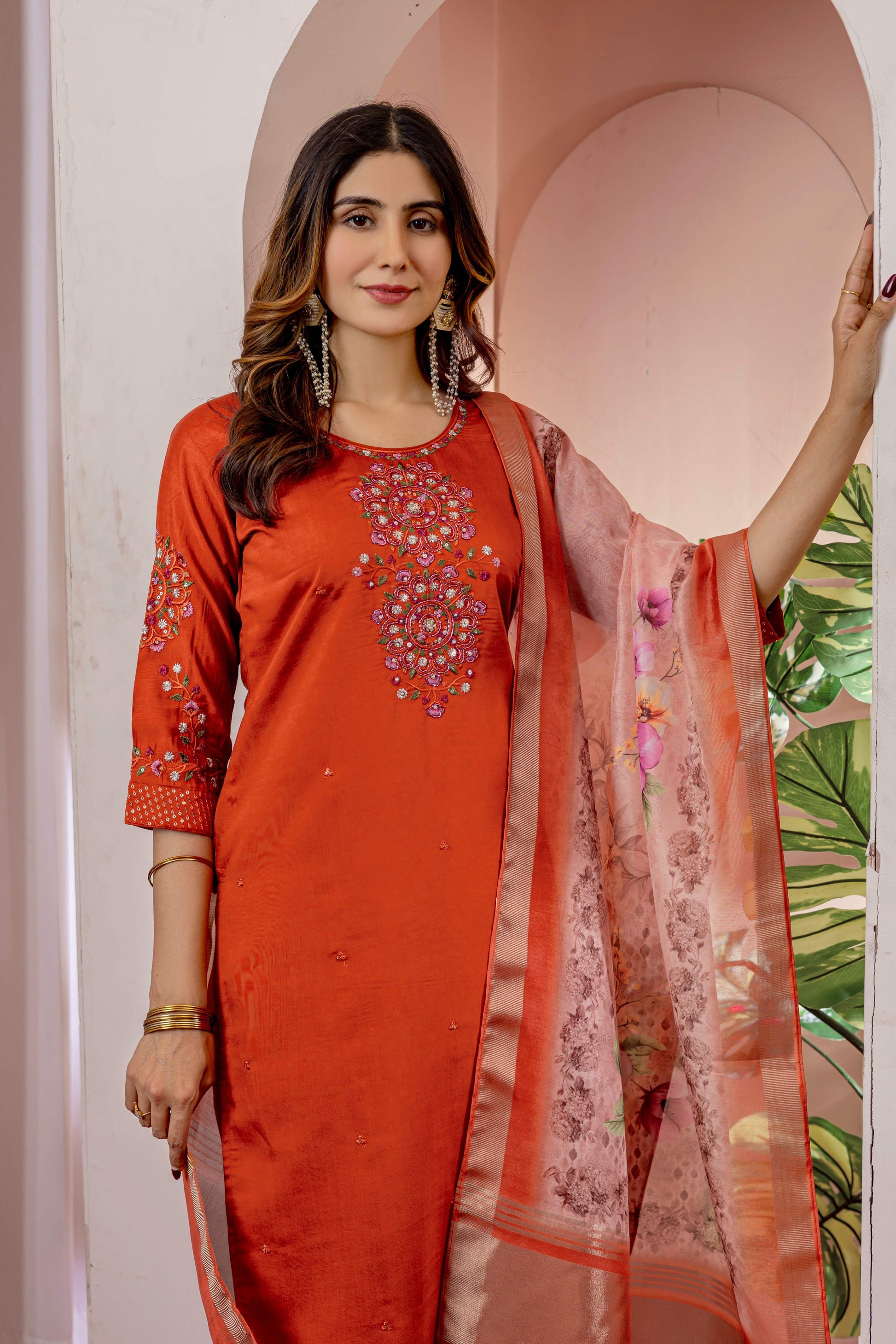 Sonakshi Women's Orange Viscose Silk Multi Embroidered Sequins With Hand Work Kurta Set With Dupatta