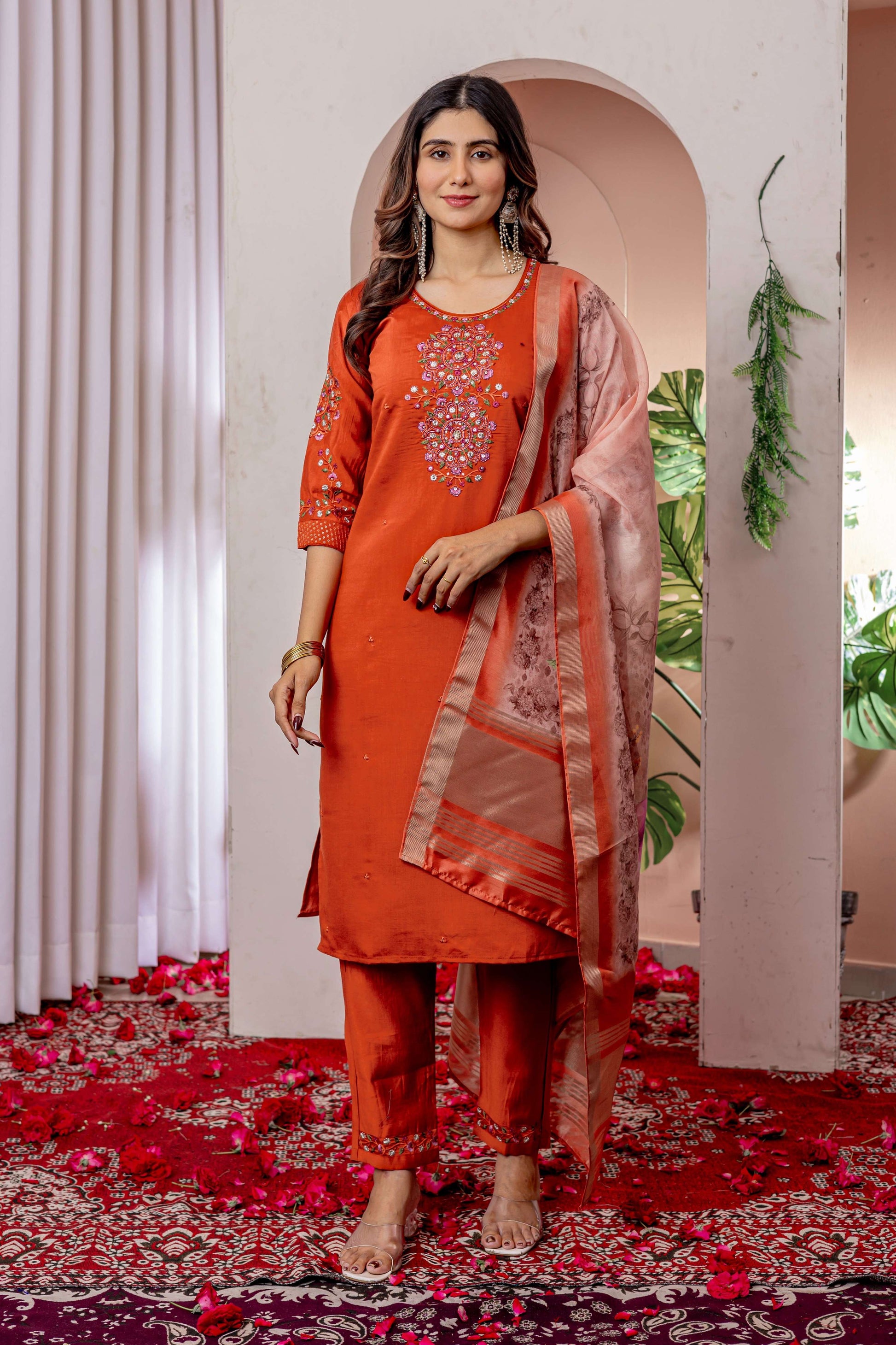 Sonakshi Women's Orange Viscose Silk Multi Embroidered Sequins With Hand Work Kurta Set With Dupatta