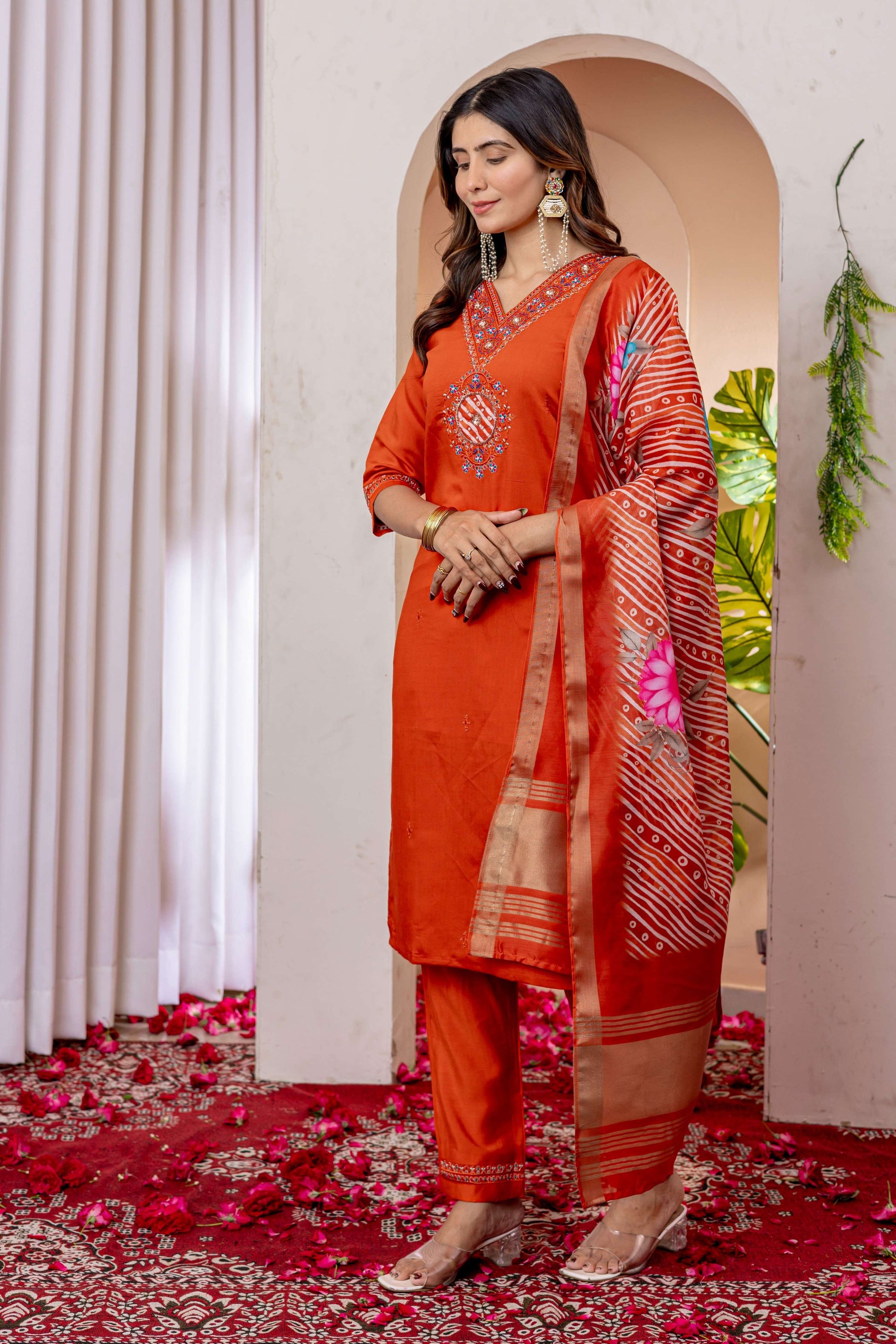 Sonakshi Women's Orange Marina Viscose Silk Multi Embroidered Sequins With Hand Work Kurta Set With Dupatta