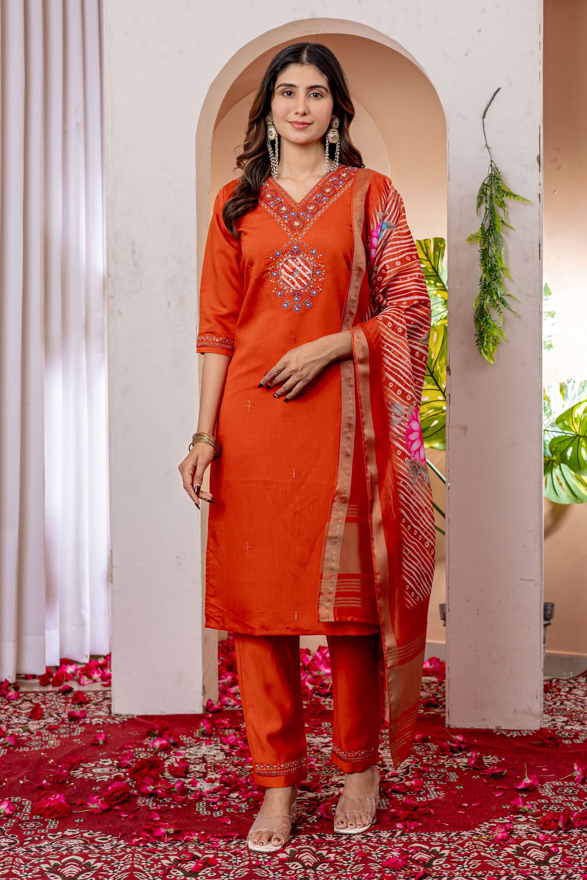 Sonakshi Women's Orange Marina Viscose Silk Multi Embroidered Sequins With Hand Work Kurta Set With Dupatta
