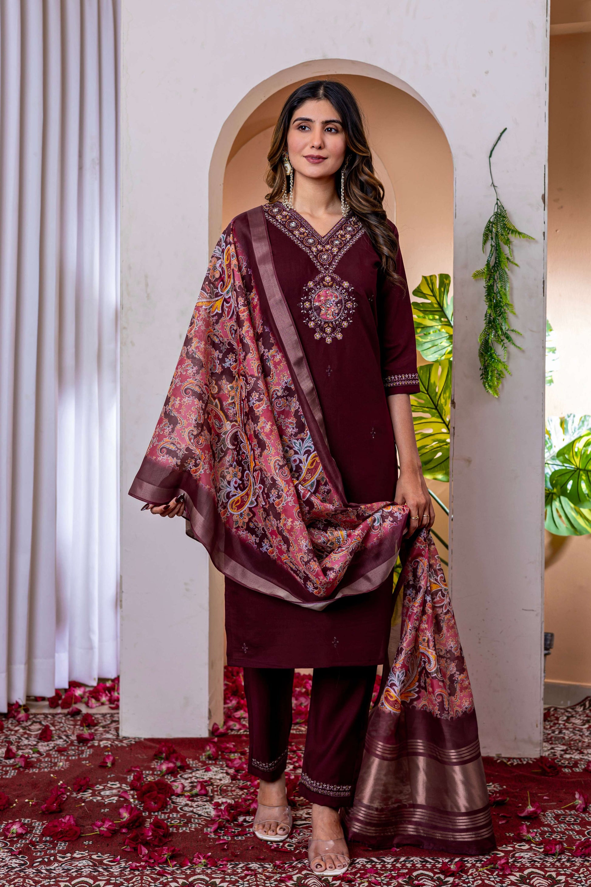 Sonakshi Women's Wine Marina Viscose Silk Multi Embroidered Sequins With Hand Work Kurta Set With Dupatta