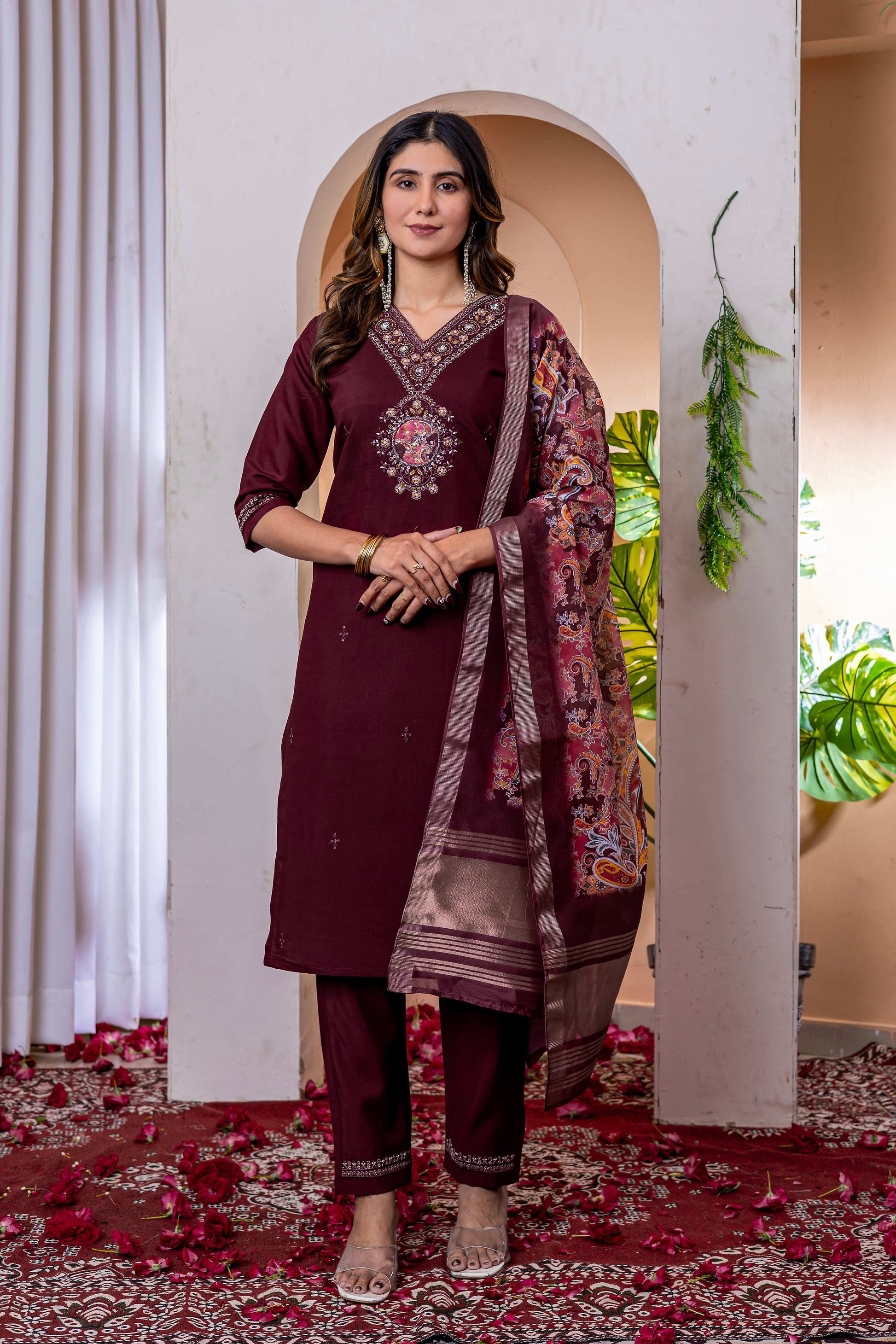 Sonakshi Women's Wine Marina Viscose Silk Multi Embroidered Sequins With Hand Work Kurta Set With Dupatta
