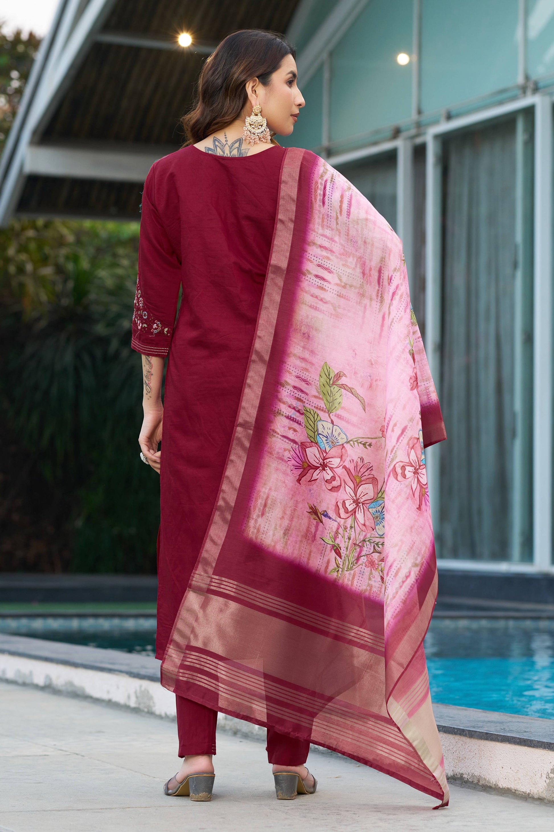 Sonakshi Women's Maroon Viscose Silk Multi Embroidered Thread With Hand Work Kurta Set With Dupatta