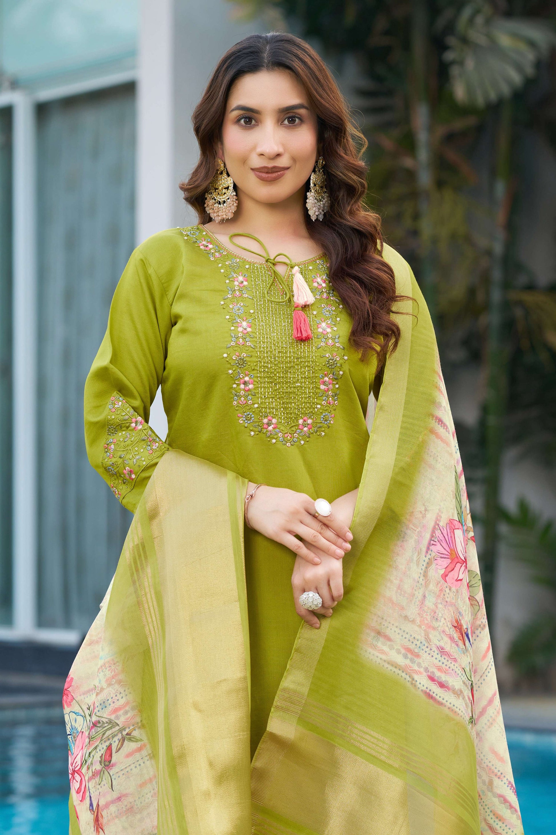 Sonakshi Women's Parrot Viscose Silk Multi Embroidered Thread With Hand Work Kurta Set With Dupatta