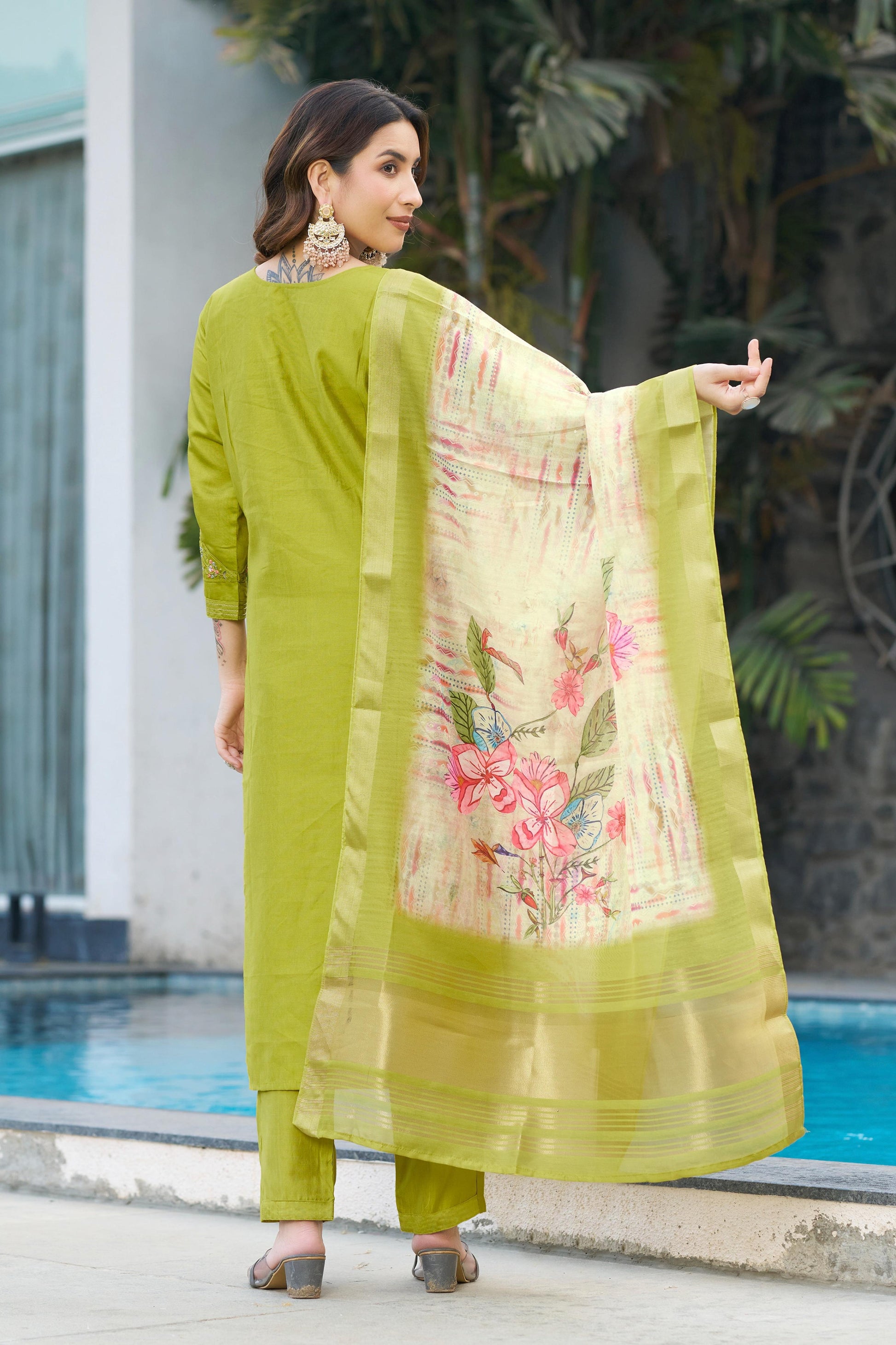Sonakshi Women's Parrot Viscose Silk Multi Embroidered Thread With Hand Work Kurta Set With Dupatta