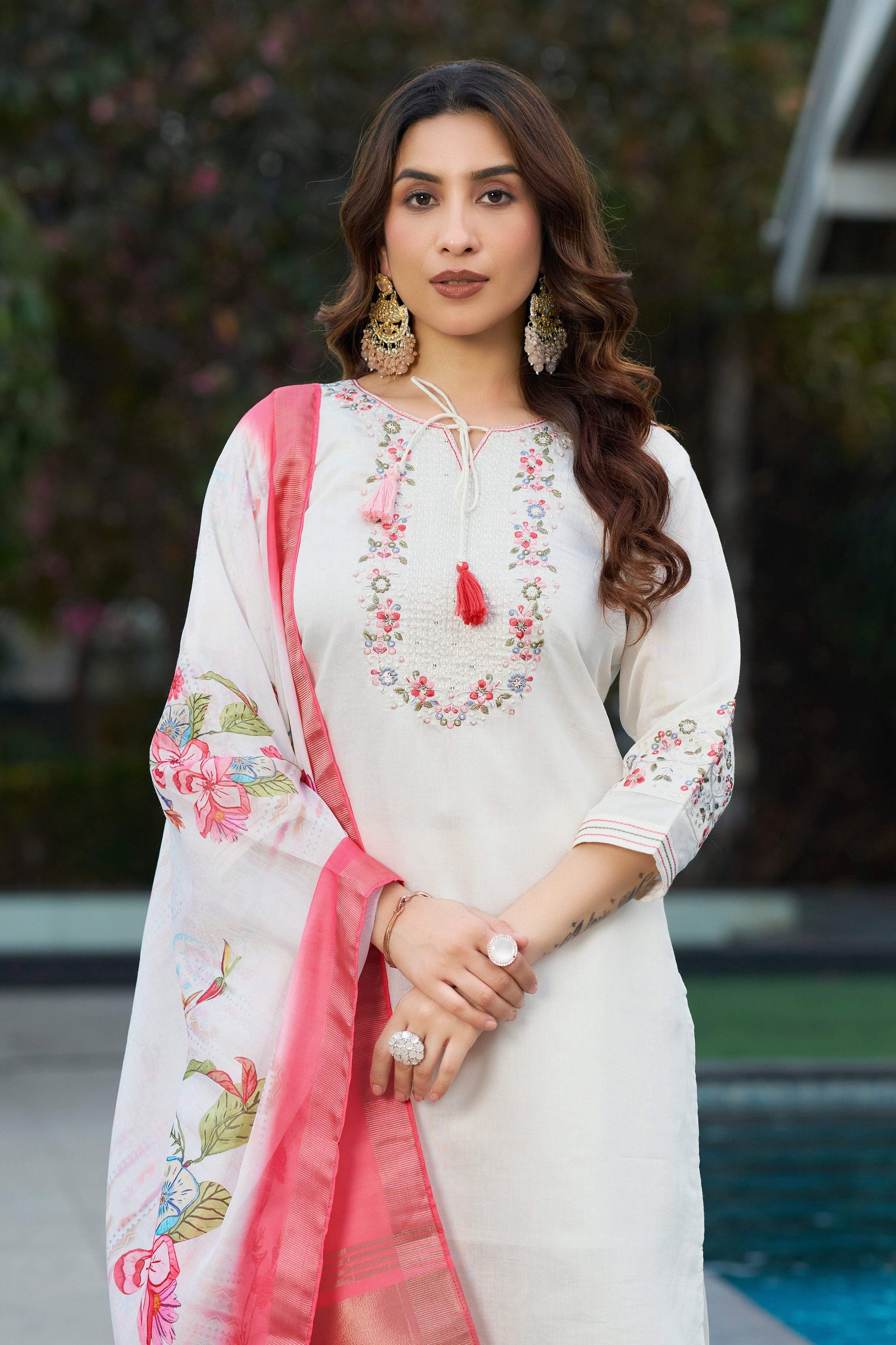 Sonakshi Women's White Viscose Silk Multi Embroidered Thread With Hand Work Kurta Set With Dupatta