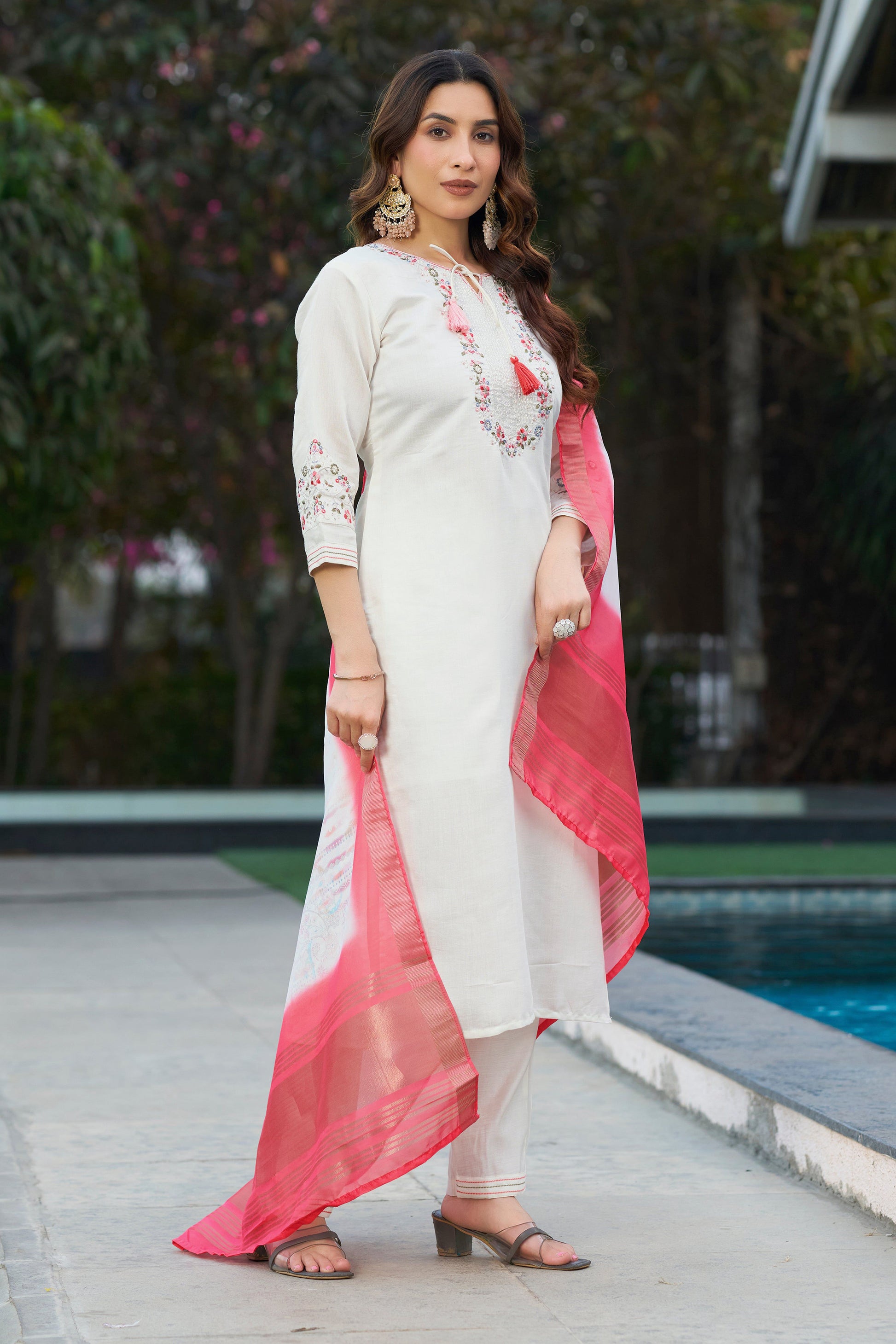 Sonakshi Women's White Viscose Silk Multi Embroidered Thread With Hand Work Kurta Set With Dupatta