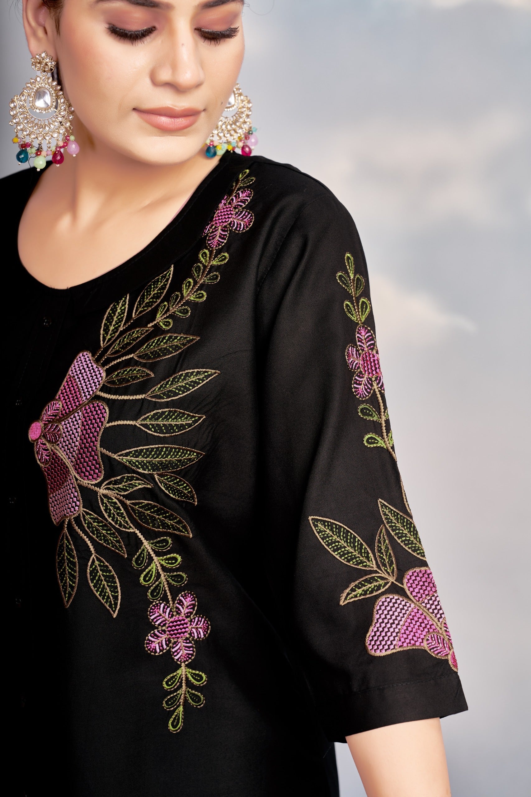 Sonakshi Women's Black Rayon Embroidered Straight Top & Bottom Set