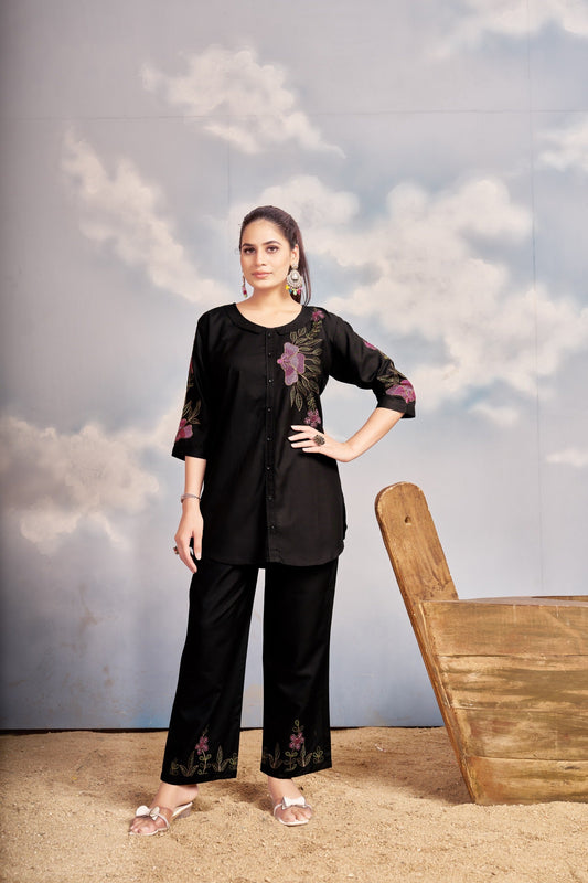 Sonakshi Women's Black Rayon Embroidered Straight Top & Bottom Set
