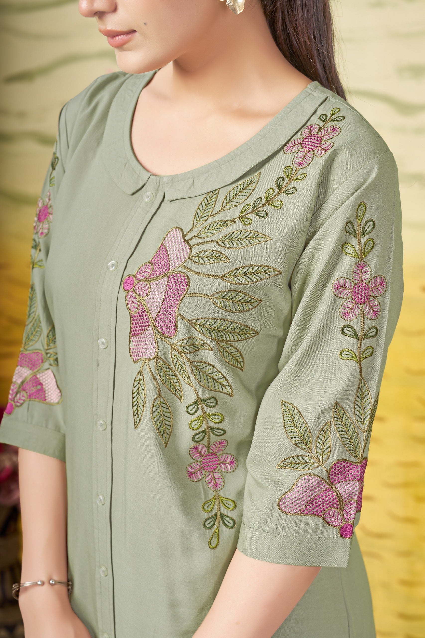 Sonakshi Women's Sea Green Rayon Embroidered Straight Top & Bottom Set