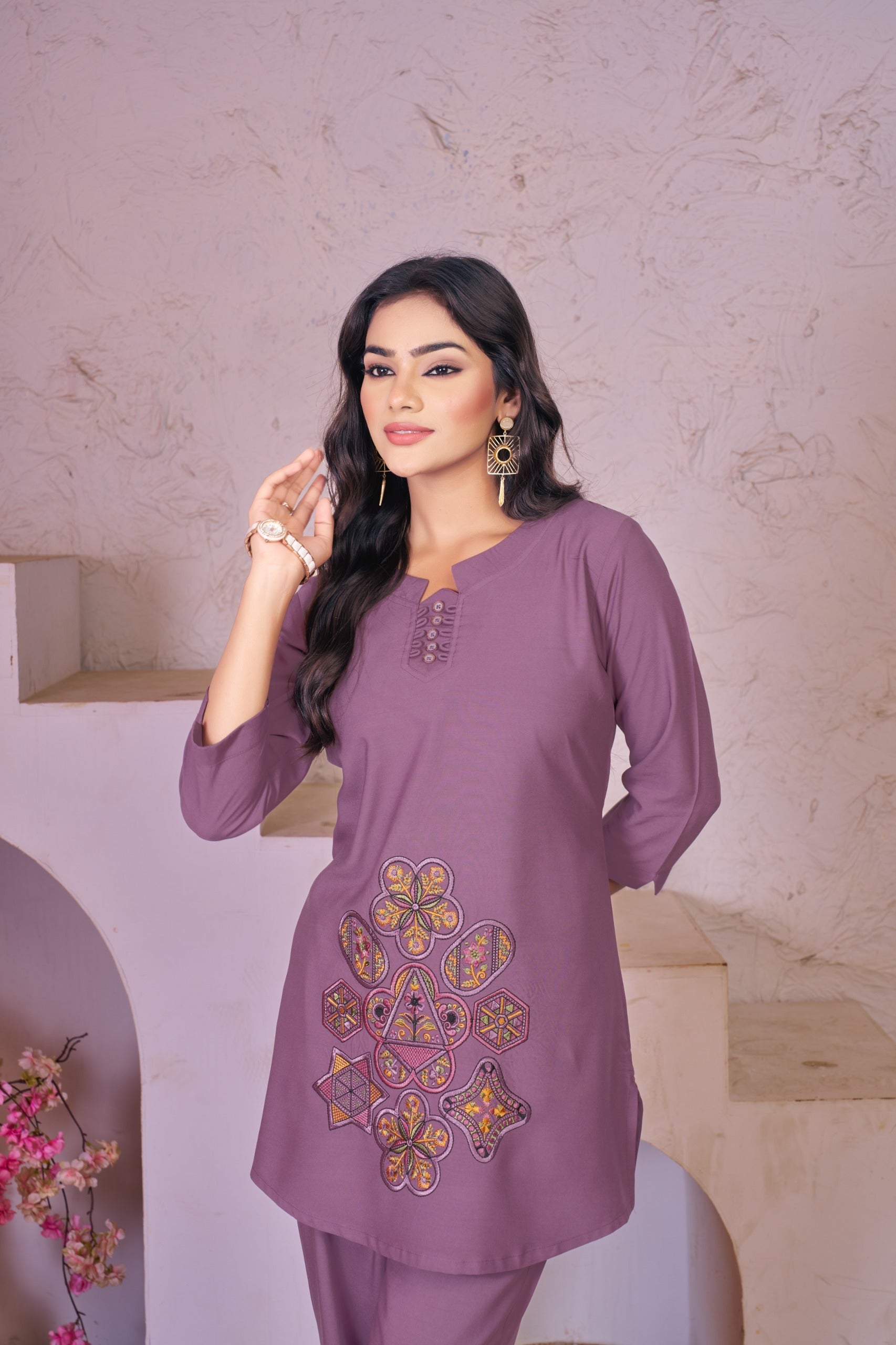 Sonakshi Women's Purple Rayon Embroidered Straight Top & Bottom Set