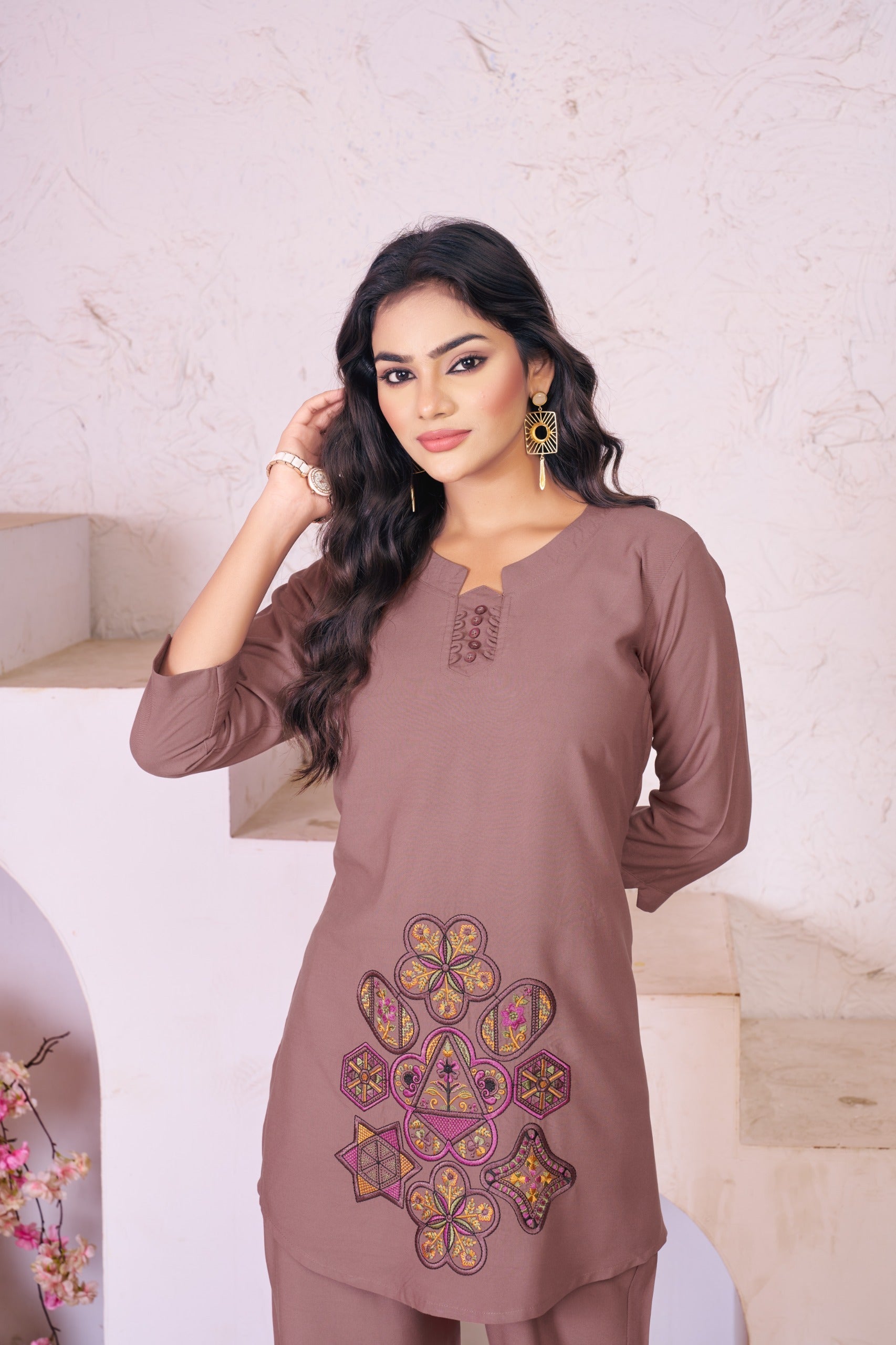 Sonakshi Women's Brown Rayon Embroidered Straight Top & Bottom Set
