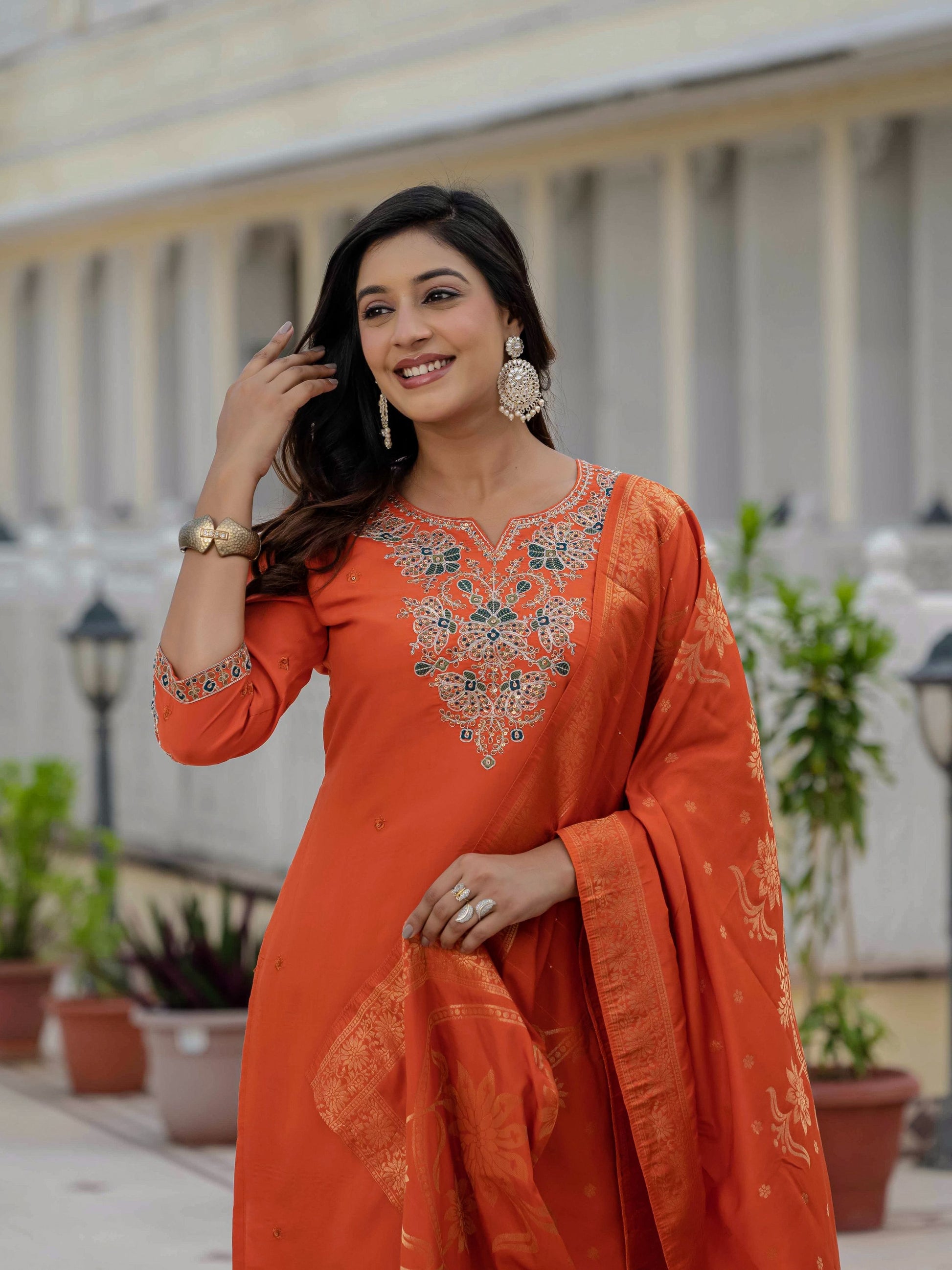 Sonakshi Women's Orange Premium Roman Silk Coding Embroidered Work Kurta Set With Dupatta