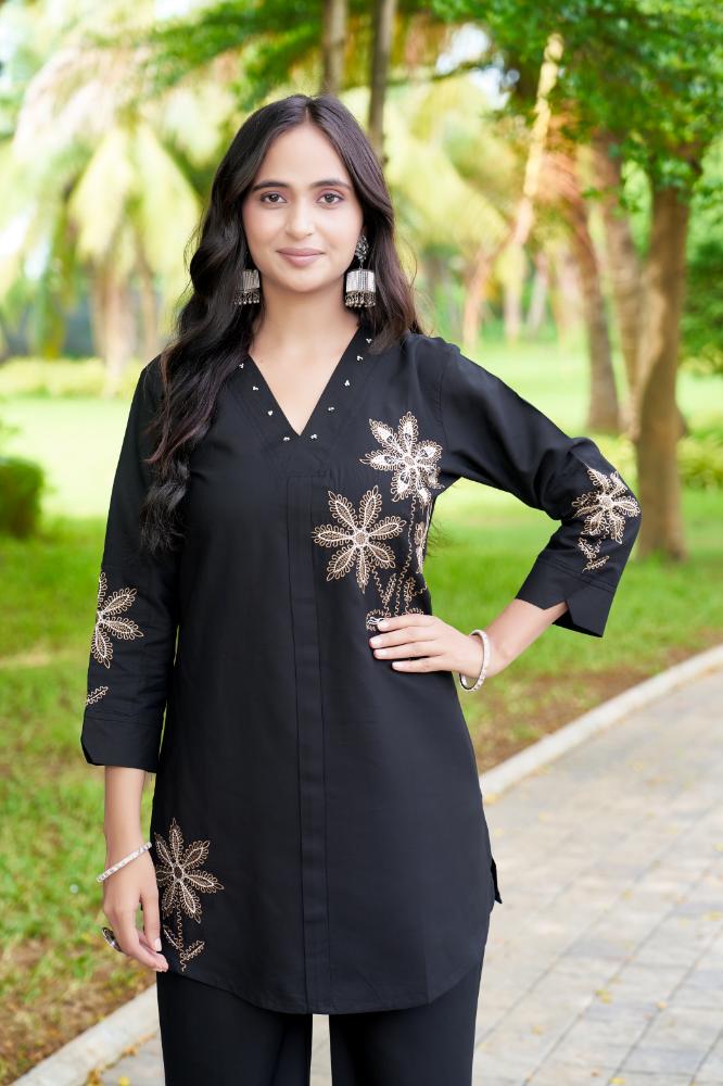 Sonakshi Women's Black Rayon Embroidered Straight Top & Bottom Set