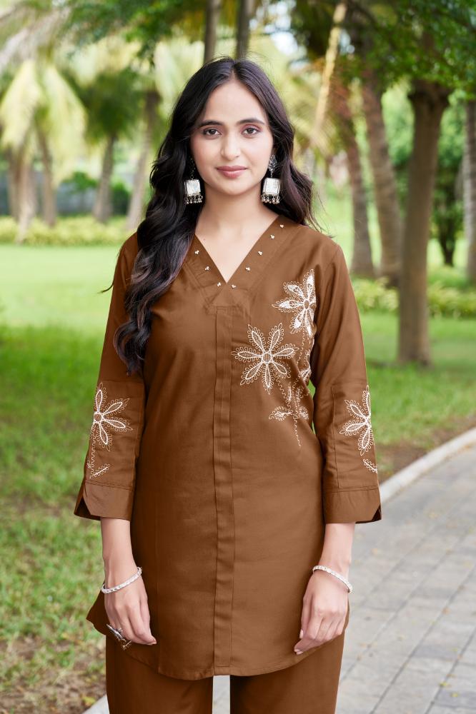 Sonakshi Women's Brown Rayon Embroidered Straight Top & Bottom Set