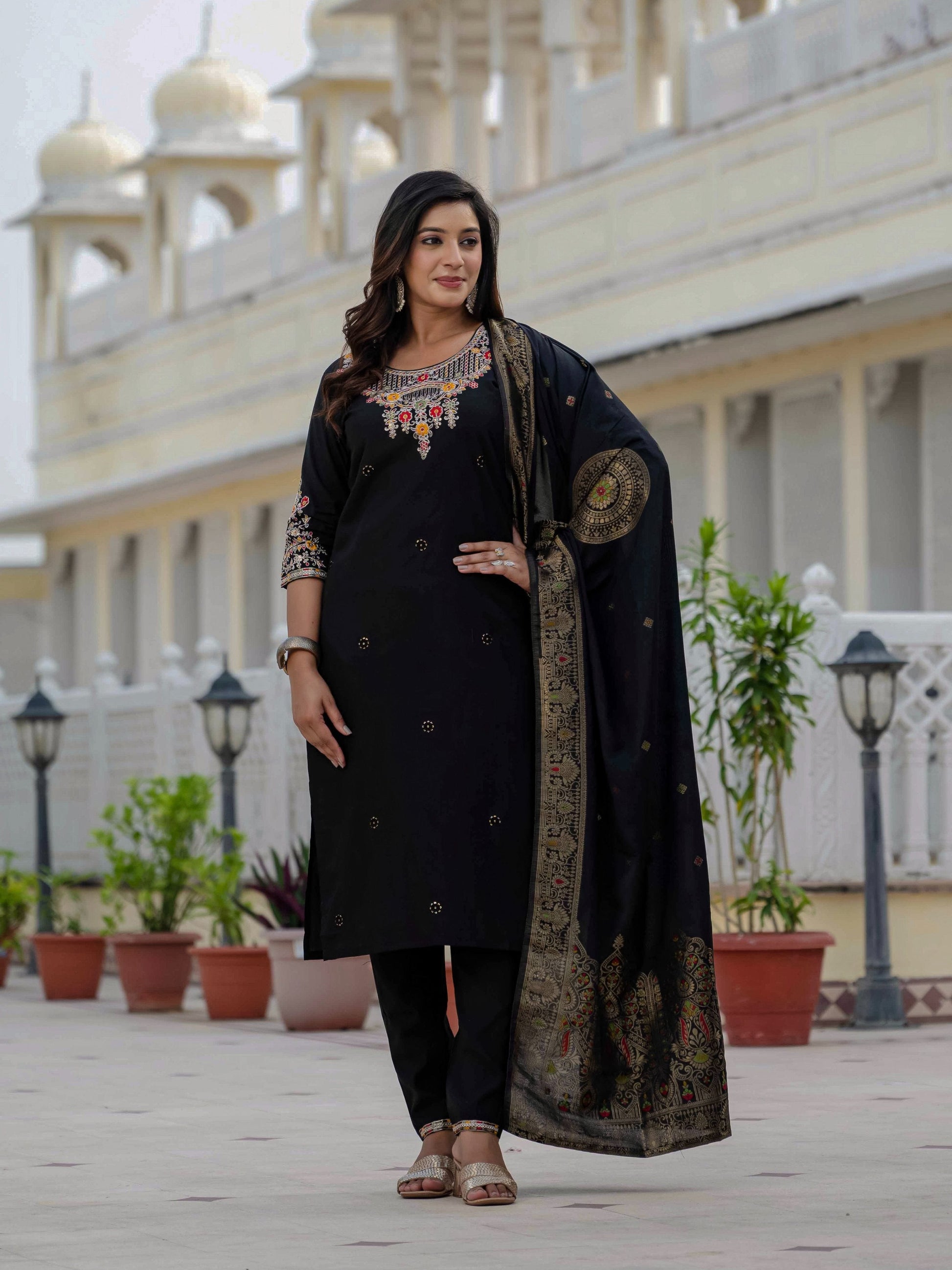 Sonakshi Women's Black Premium Roman Silk Coding Embroidered Work Kurta Set With Dupatta