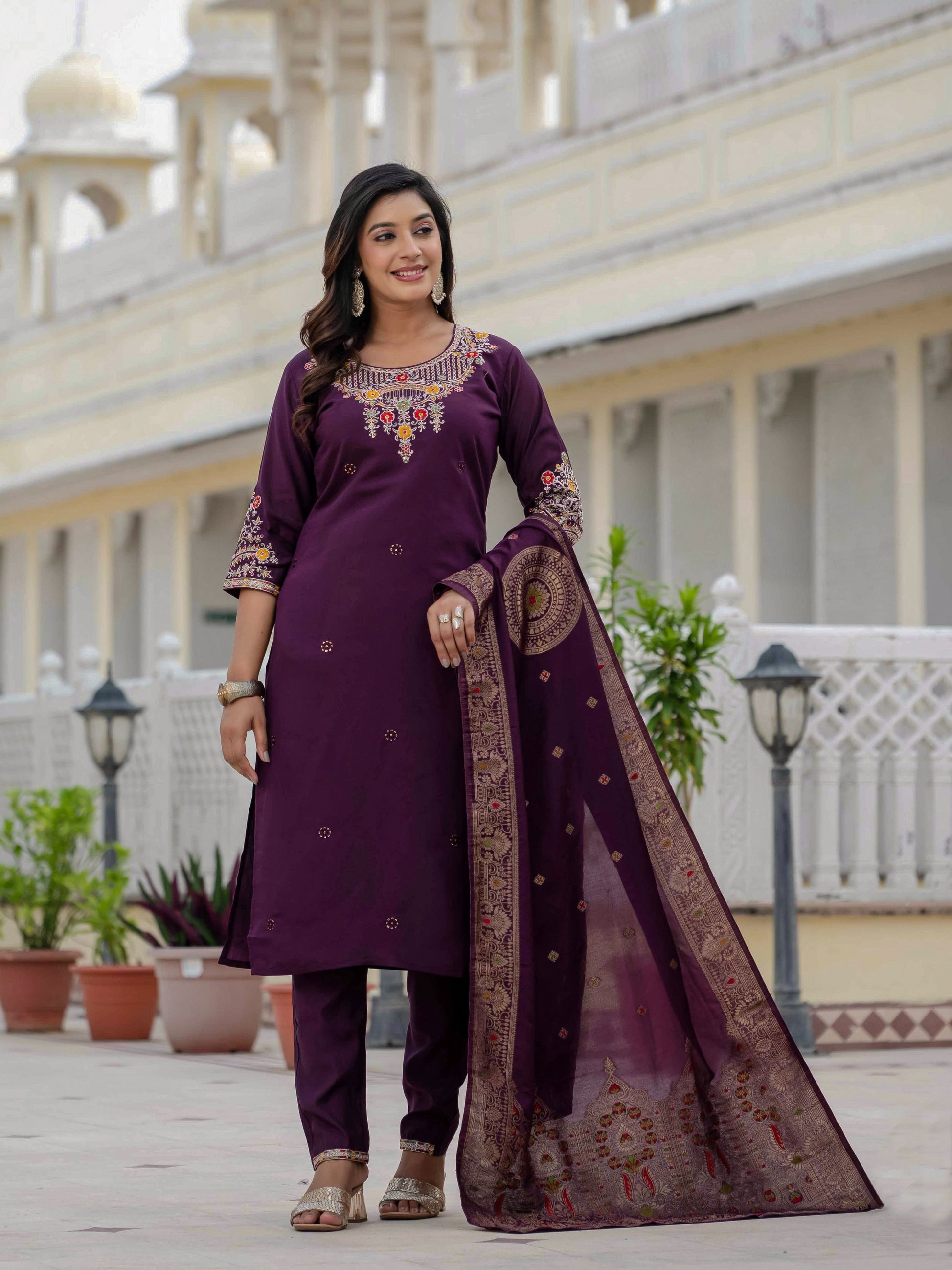 Sonakshi Women's Wine Premium Roman Silk Coding Embroidered Work Kurta Set With Dupatta
