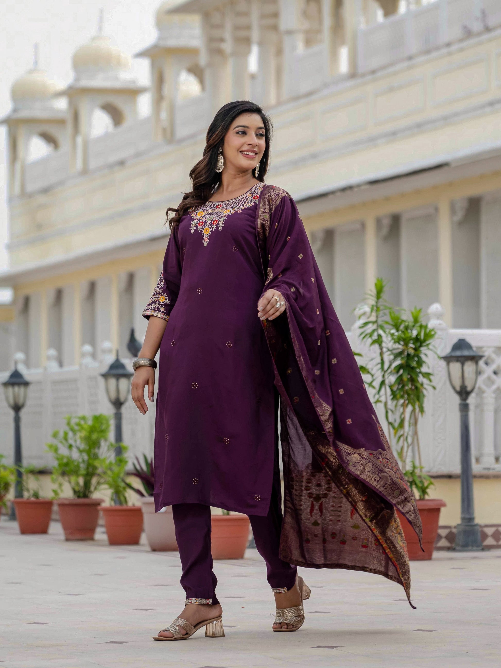 Sonakshi Women's Wine Premium Roman Silk Coding Embroidered Work Kurta Set With Dupatta