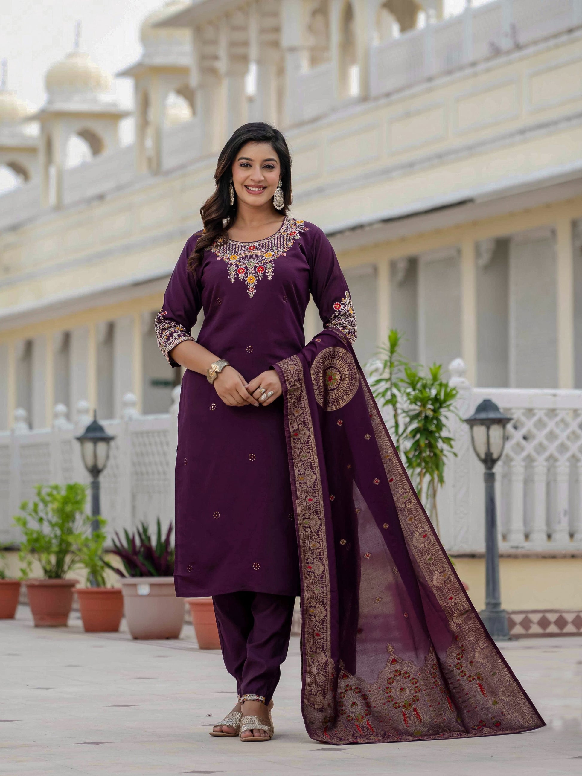Sonakshi Women's Wine Premium Roman Silk Coding Embroidered Work Kurta Set With Dupatta