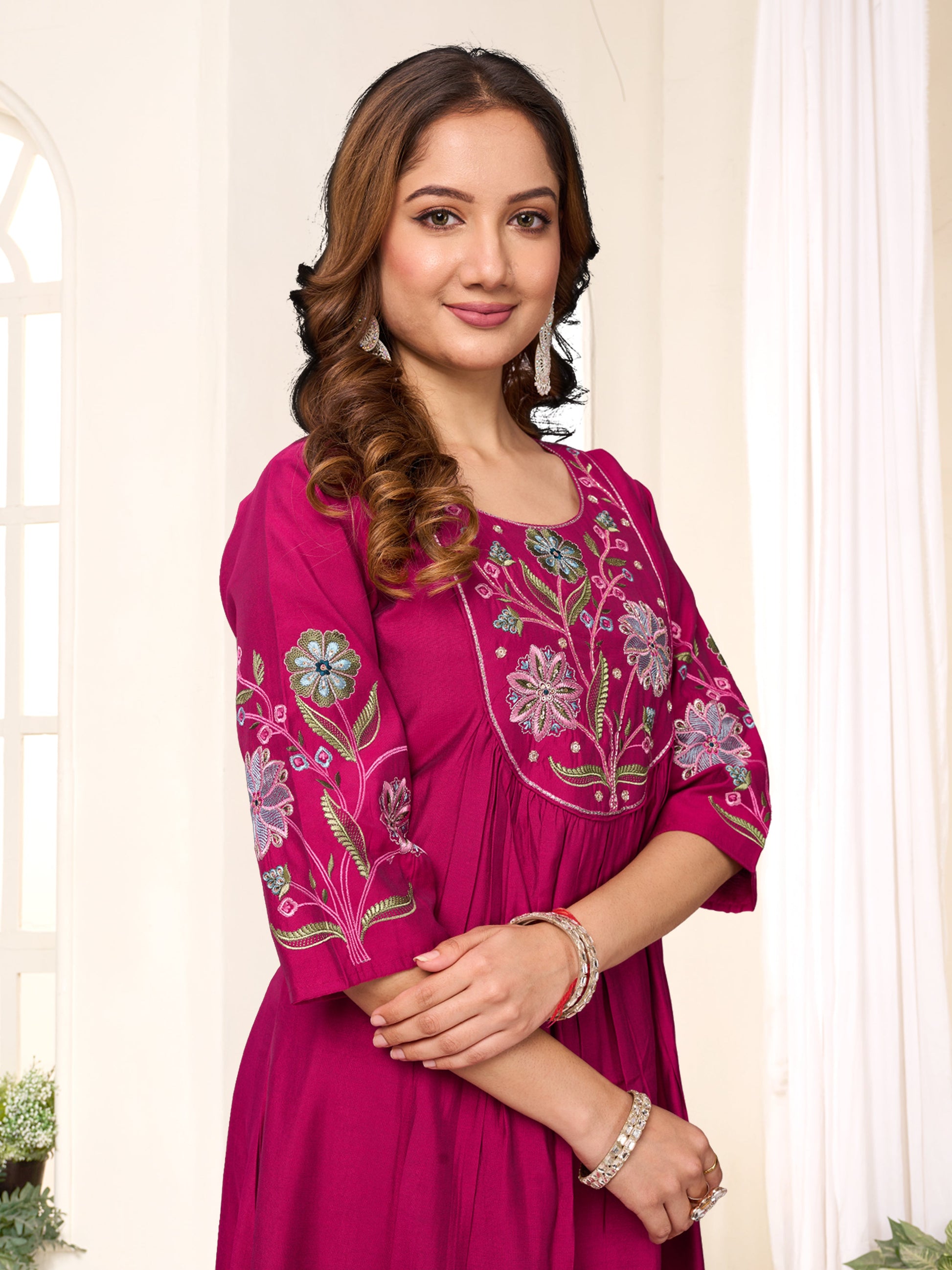 Sonakshi Women's Pink Viscose Roman Silk With Multi Thread Embroidered With Hand Work Anarkali Gown Set With Dupatta