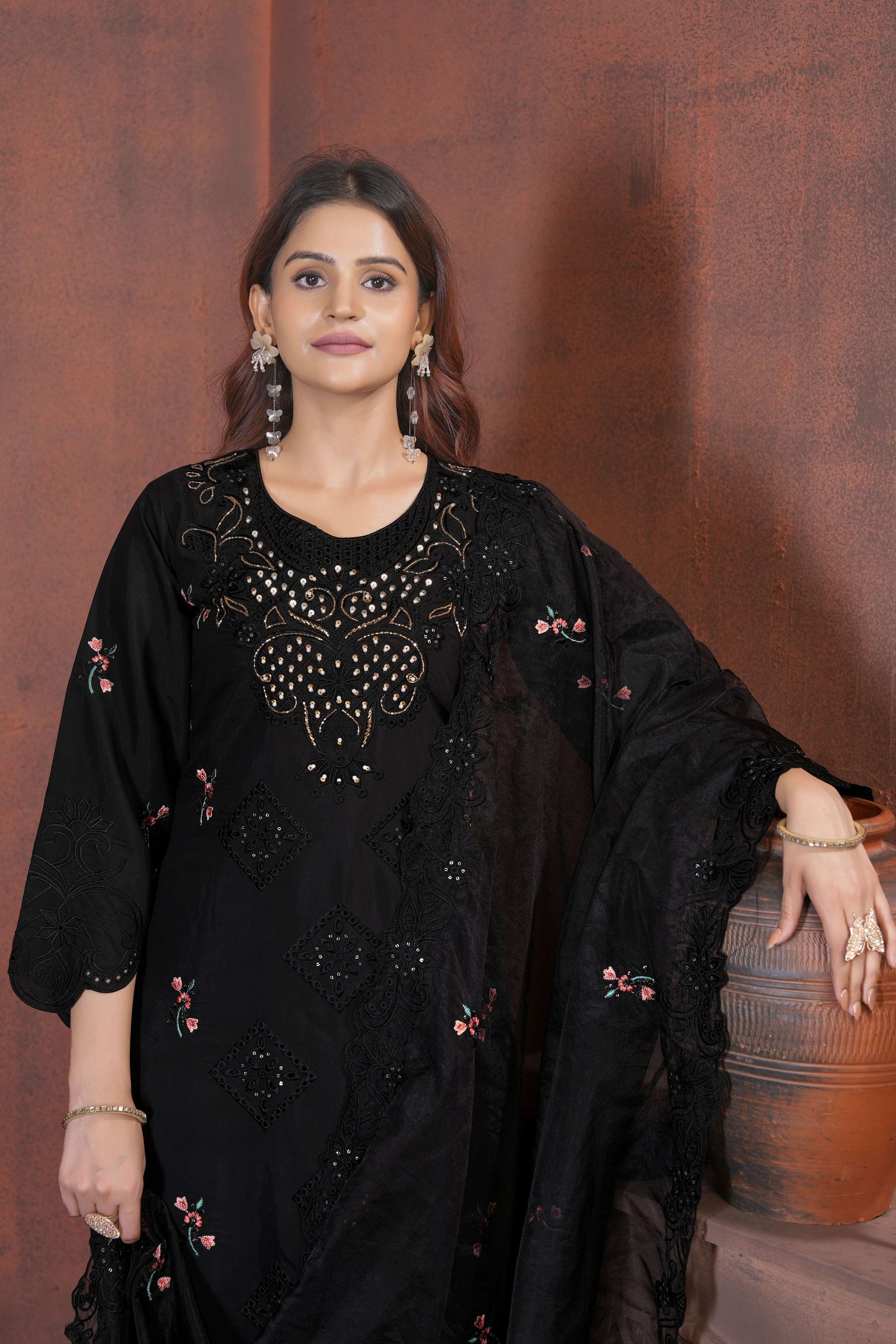 Sonakshi Women's Black Heavy Viscose Roman Boring Embroidered with Sequins & Heavy Hand work Kurta Set with Dupatta