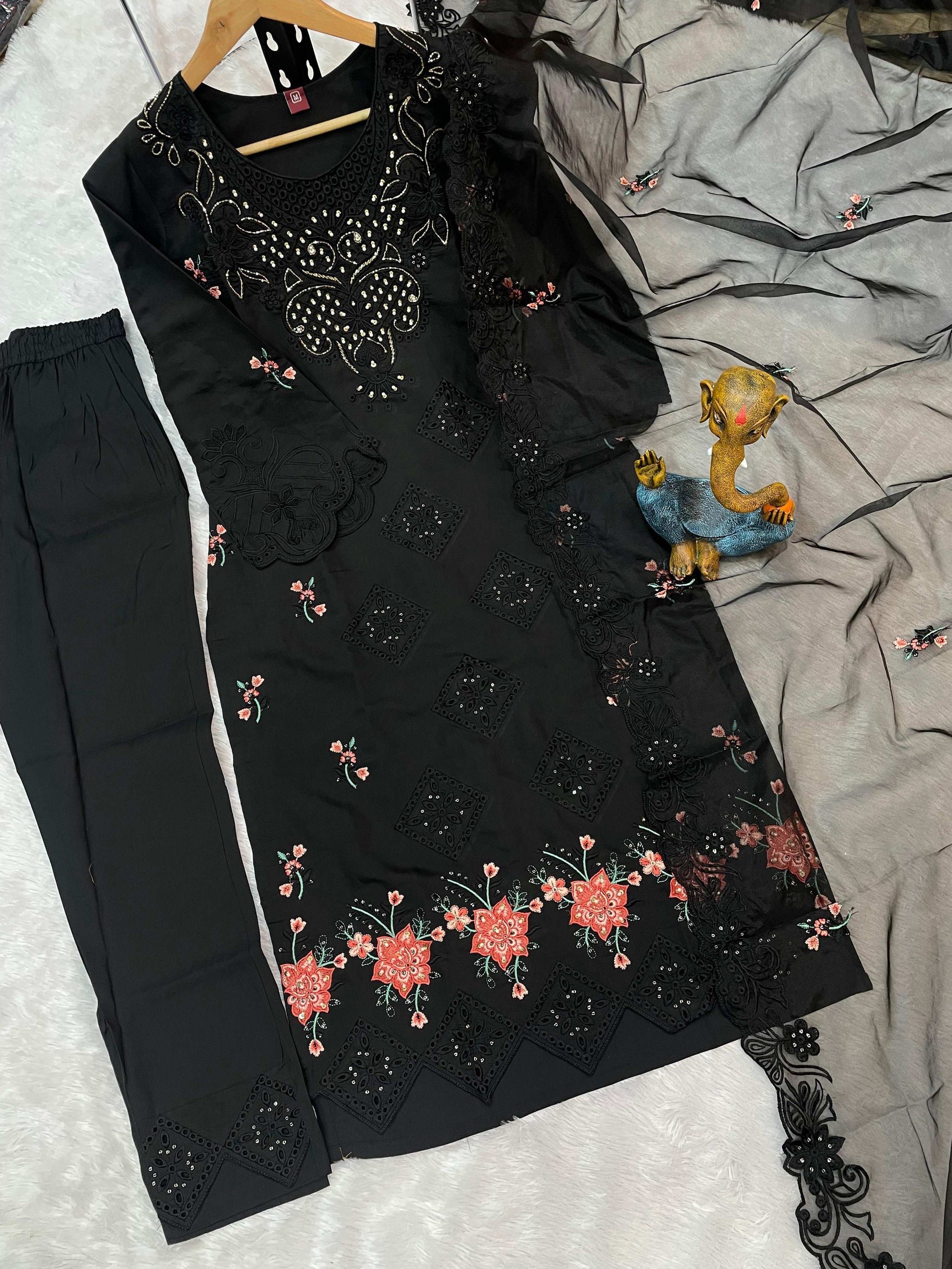 Sonakshi Women's Black Heavy Viscose Roman Boring Embroidered with Sequins & Heavy Hand work Kurta Set with Dupatta