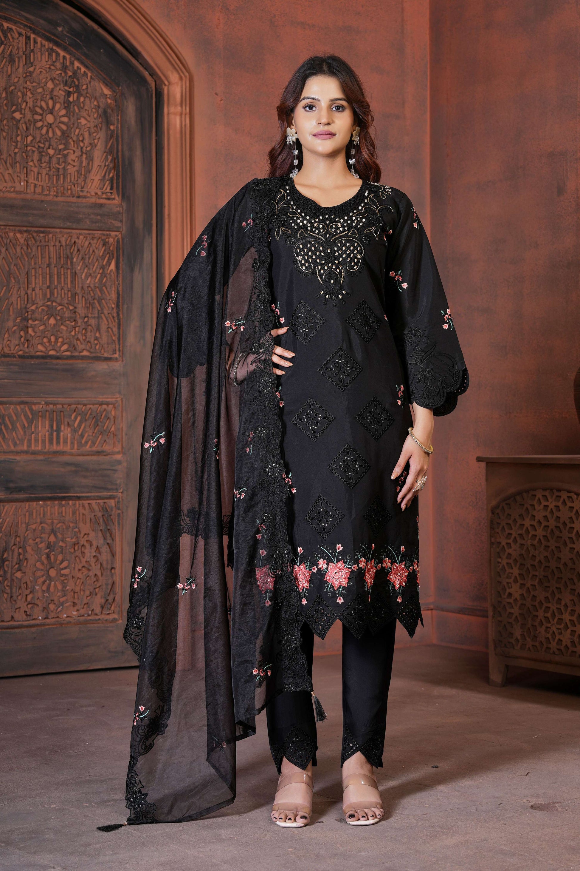 Sonakshi Women's Black Heavy Viscose Roman Boring Embroidered with Sequins & Heavy Hand work Kurta Set with Dupatta