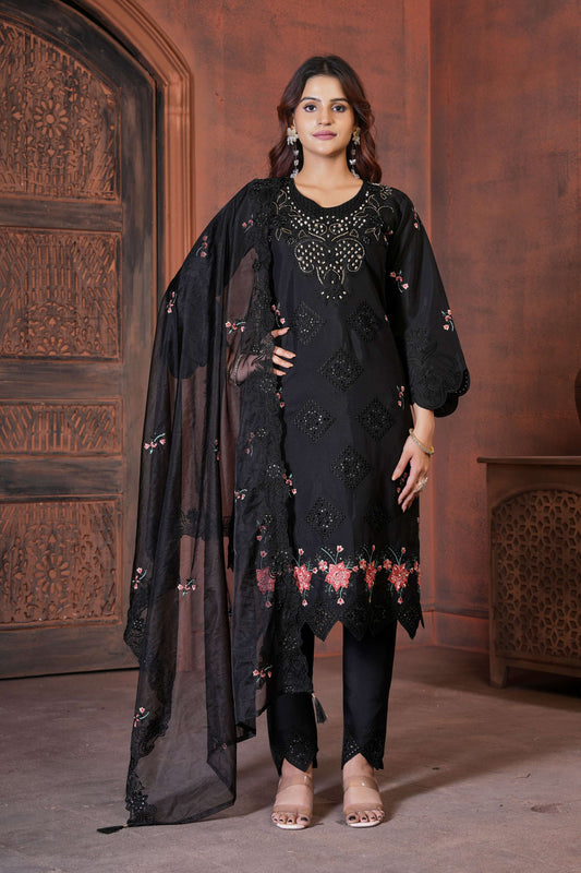 Sonakshi Women's Black Heavy Viscose Roman Boring Embroidered with Sequins & Heavy Hand work Kurta Set with Dupatta