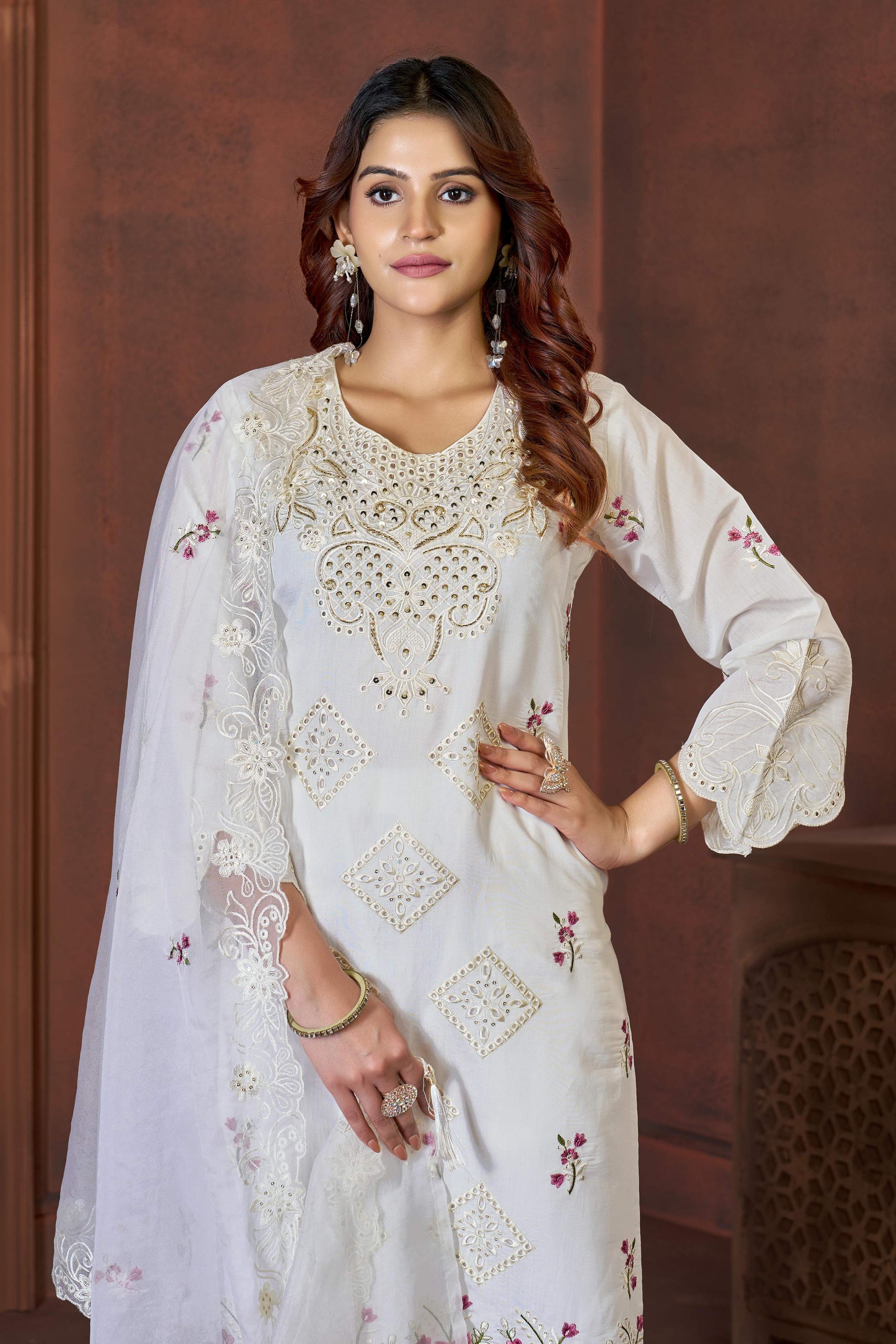 Sonakshi Women's White Heavy Viscose Roman Boring Embroidered with Sequins & Heavy Hand work Kurta Set with Dupatta