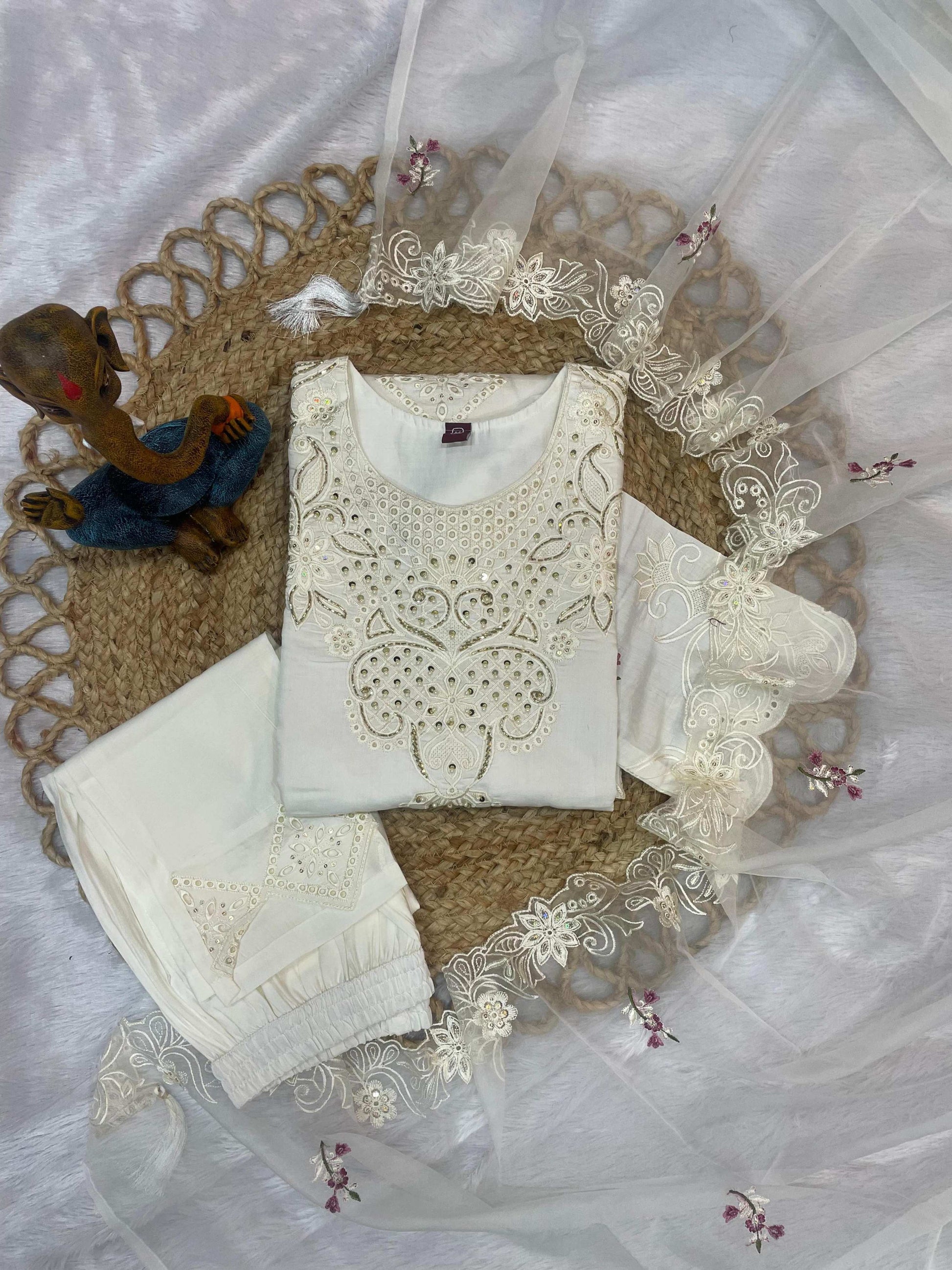 Sonakshi Women's White Heavy Viscose Roman Boring Embroidered with Sequins & Heavy Hand work Kurta Set with Dupatta
