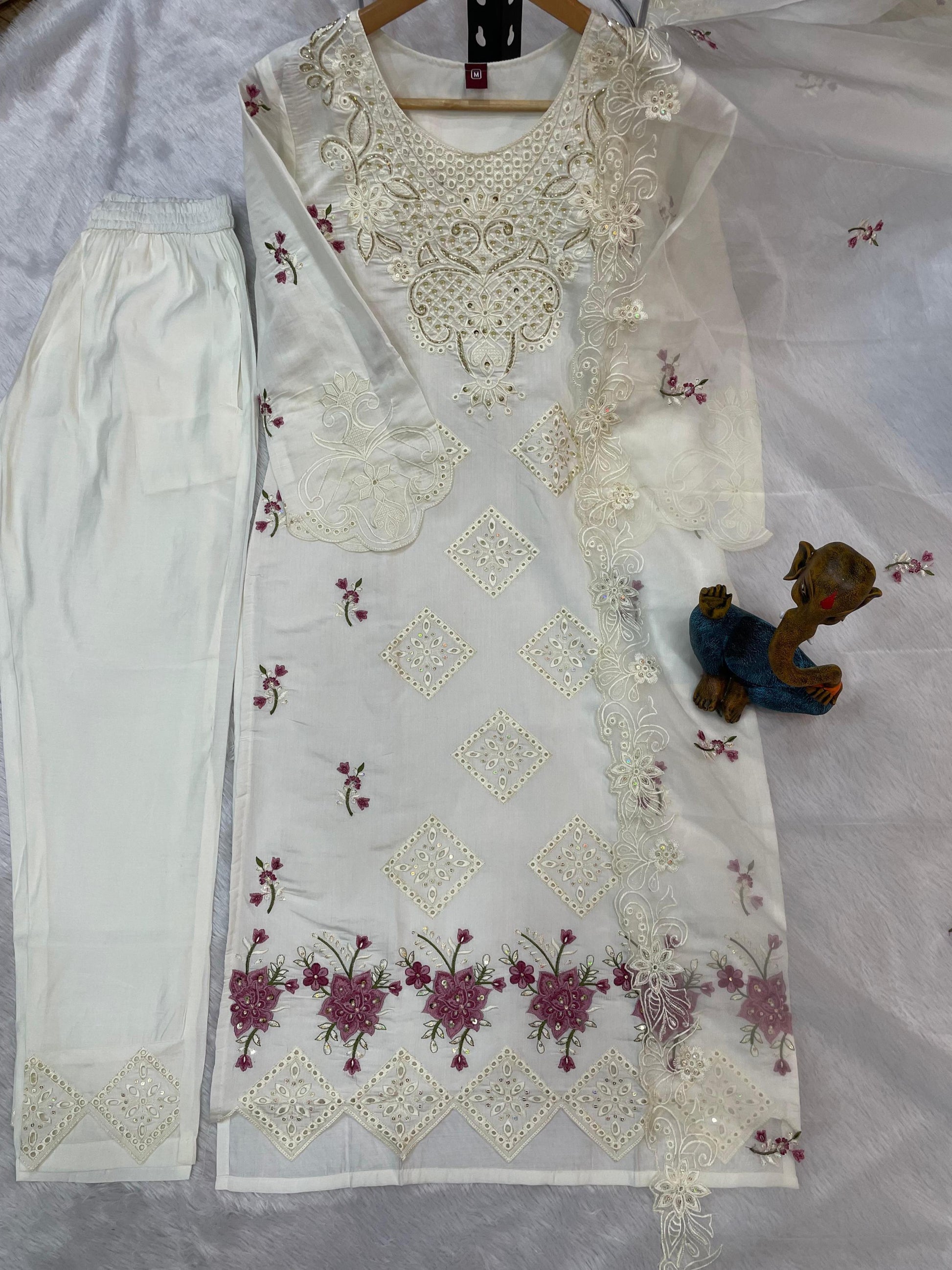 Sonakshi Women's White Heavy Viscose Roman Boring Embroidered with Sequins & Heavy Hand work Kurta Set with Dupatta