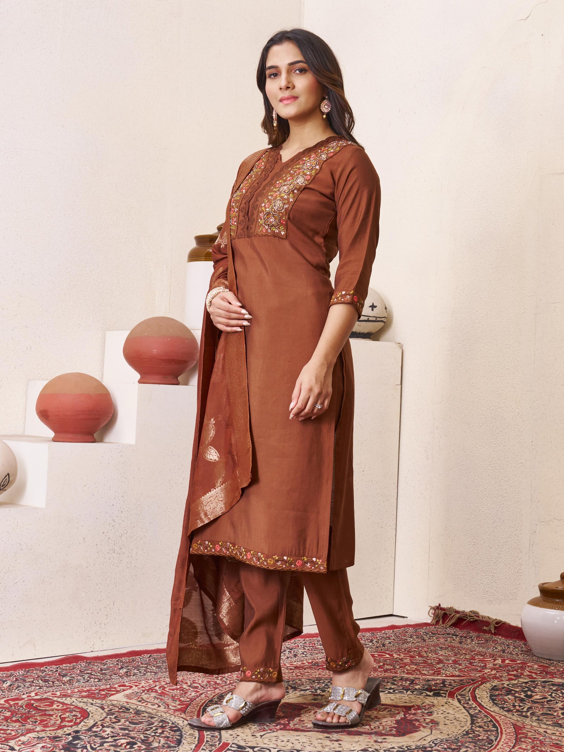 Sonakshi Women's Coffee Roman Silk Multi Embroidered Sequins With Hand Work Kurta Set with Dupatta