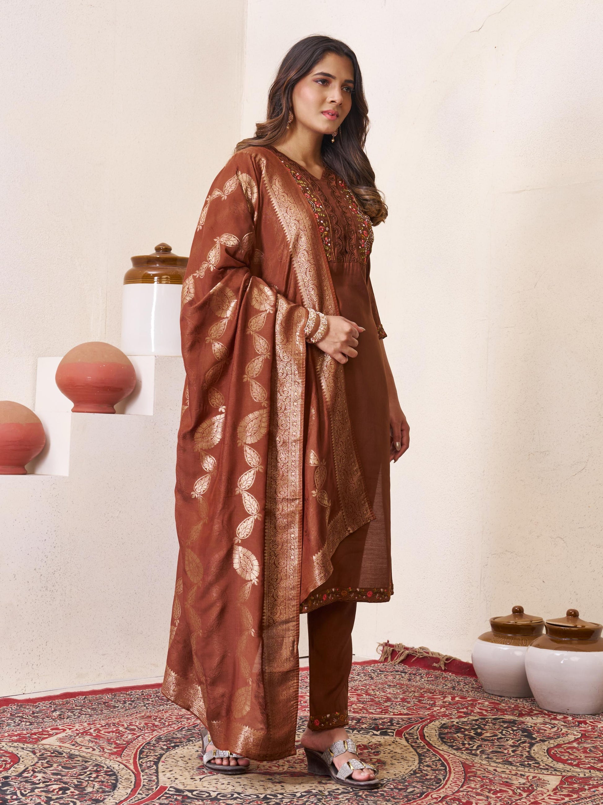 Sonakshi Women's Coffee Roman Silk Multi Embroidered Sequins With Hand Work Kurta Set with Dupatta