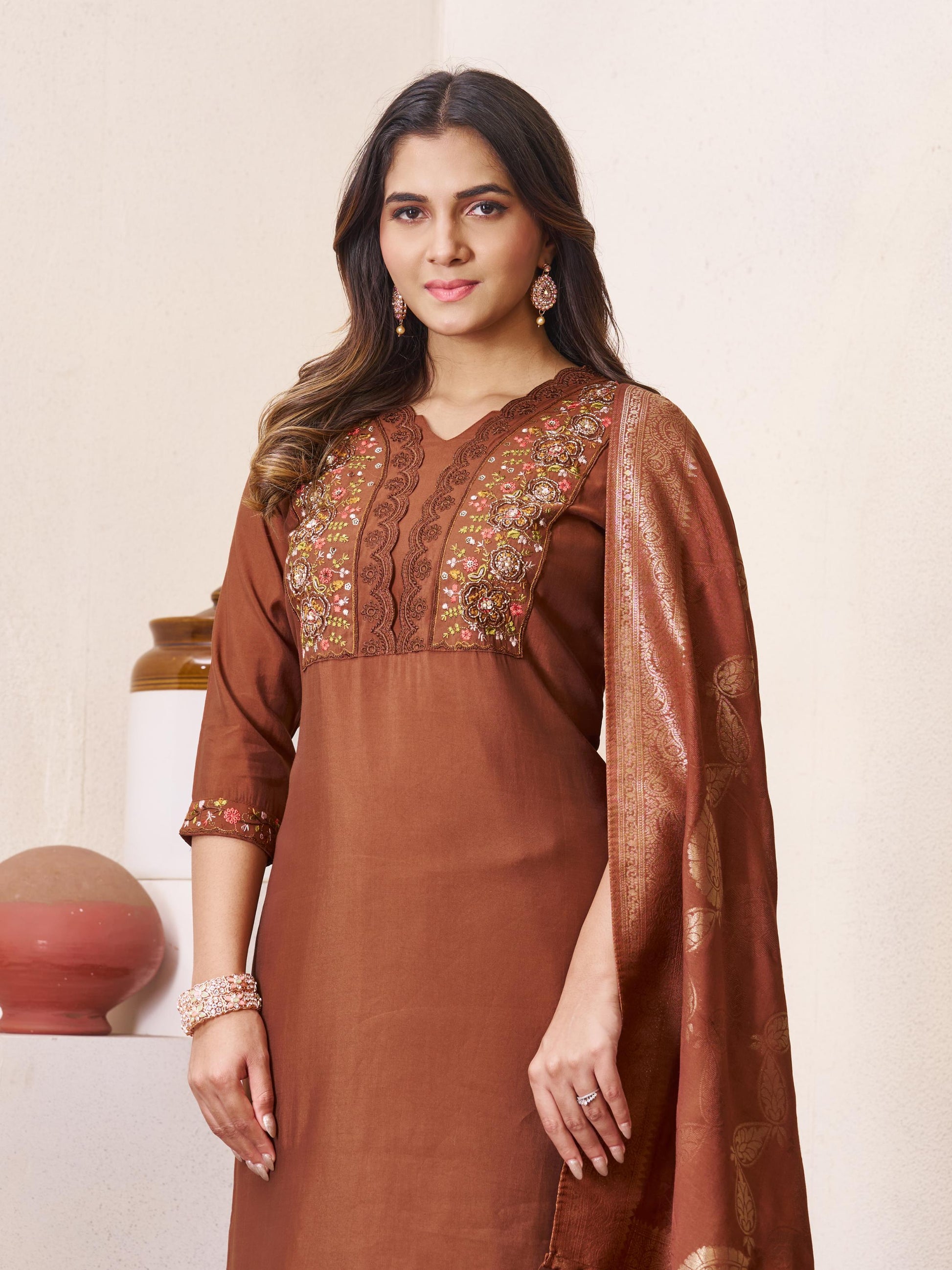 Sonakshi Women's Coffee Roman Silk Multi Embroidered Sequins With Hand Work Kurta Set with Dupatta
