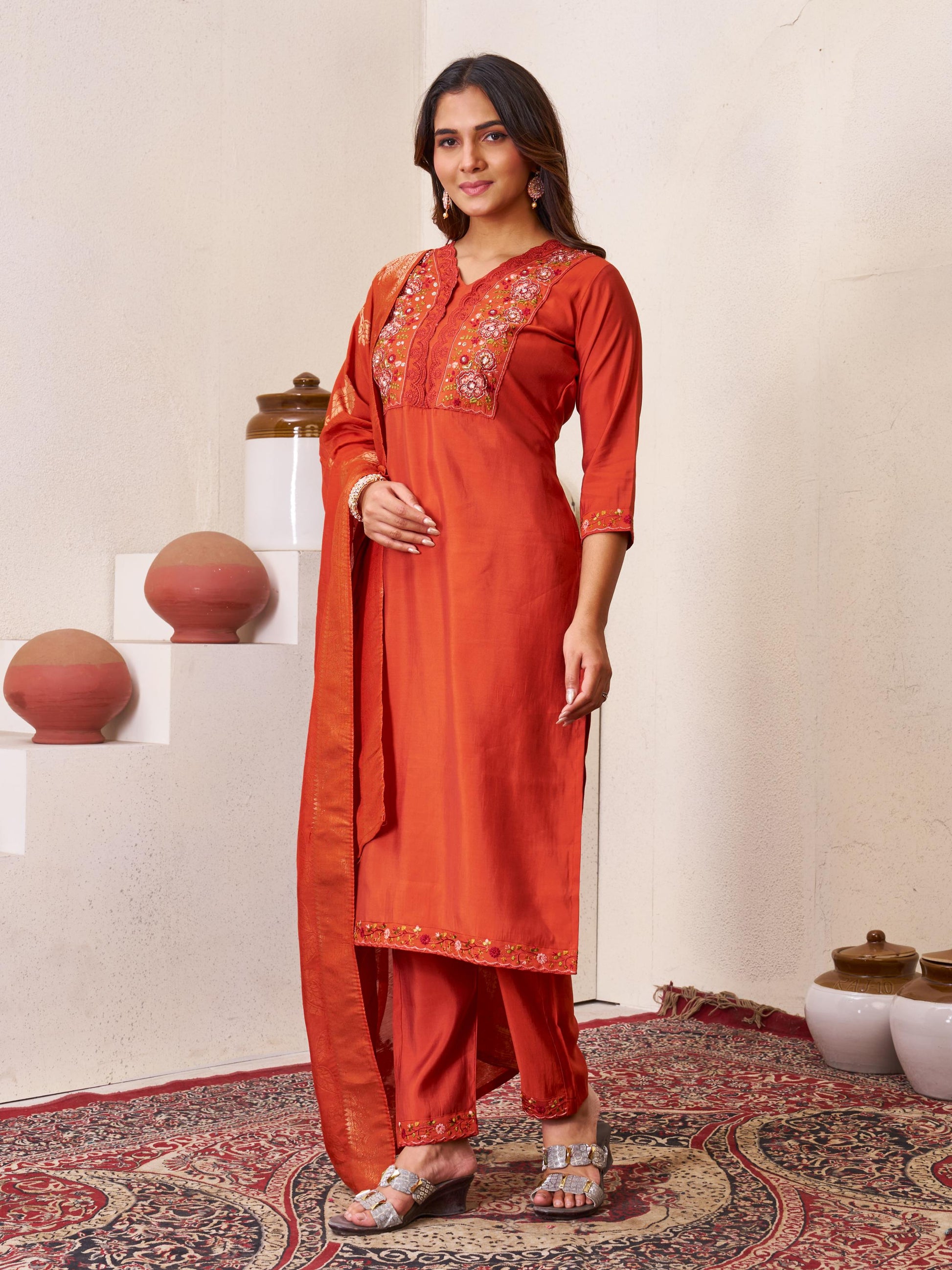 Sonakshi Women's Rust Roman Silk Multi Embroidered Sequins With Hand Work Kurta Set with Dupatta