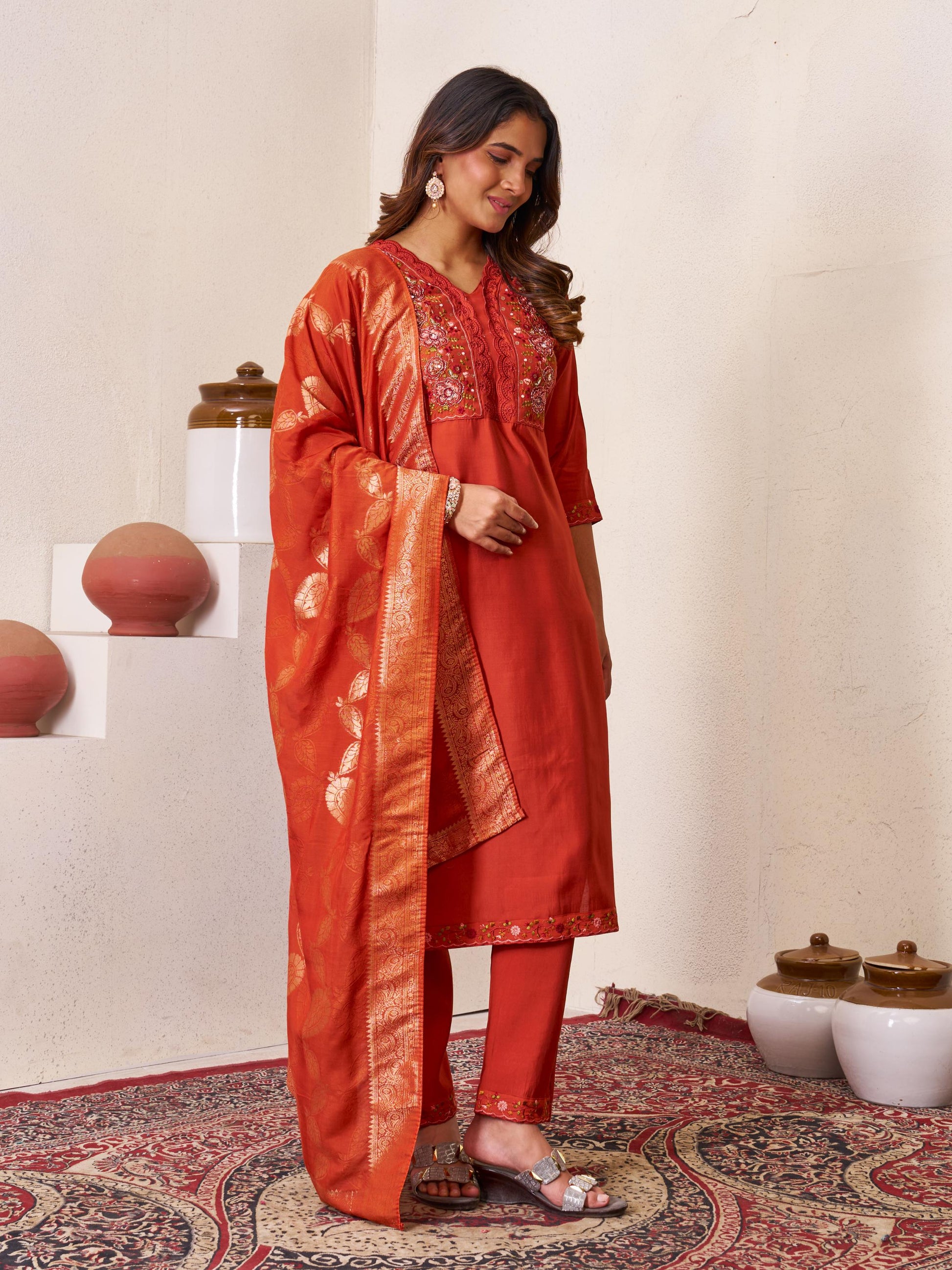 Sonakshi Women's Rust Roman Silk Multi Embroidered Sequins With Hand Work Kurta Set with Dupatta
