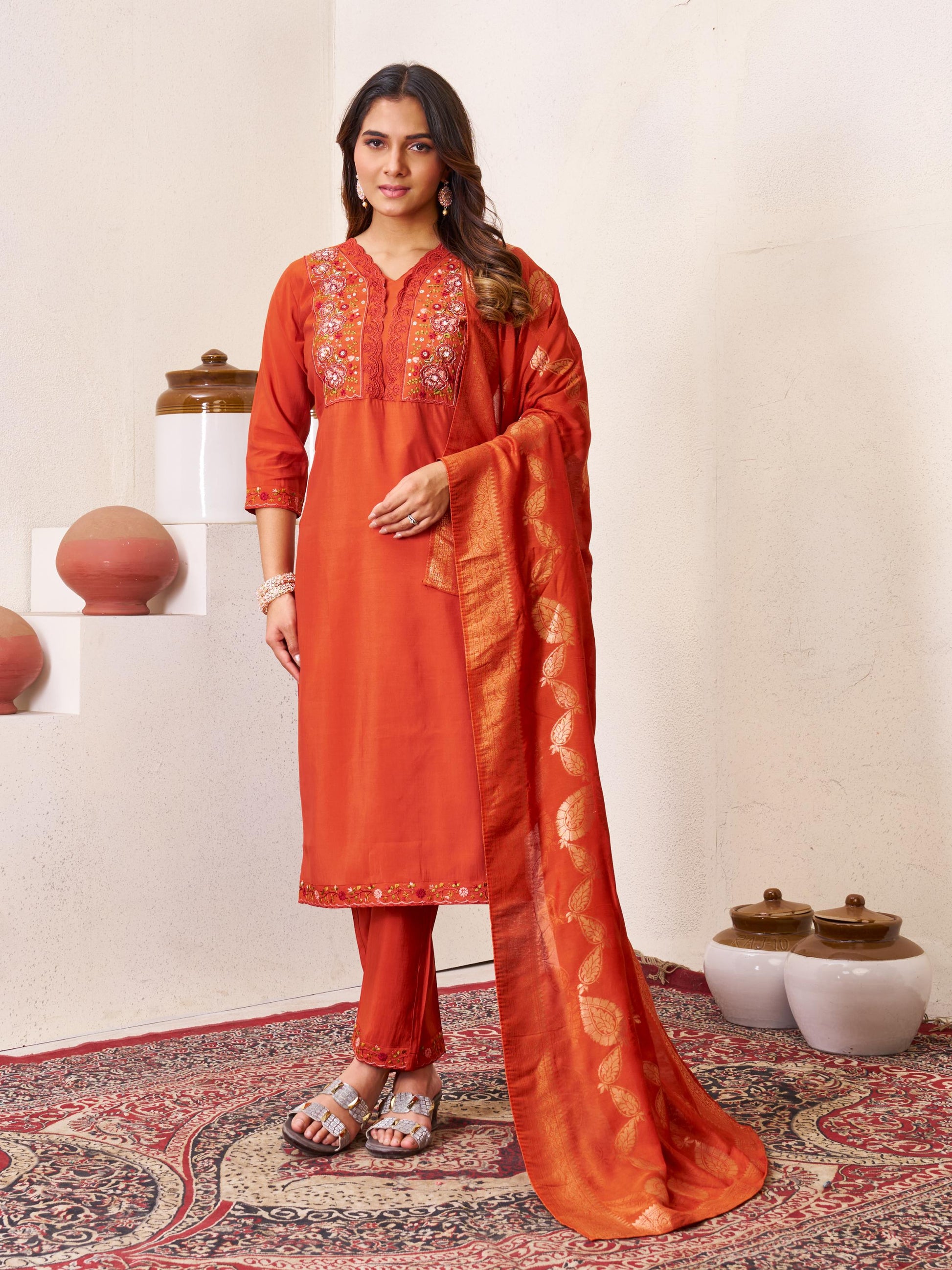 Sonakshi Women's Rust Roman Silk Multi Embroidered Sequins With Hand Work Kurta Set with Dupatta